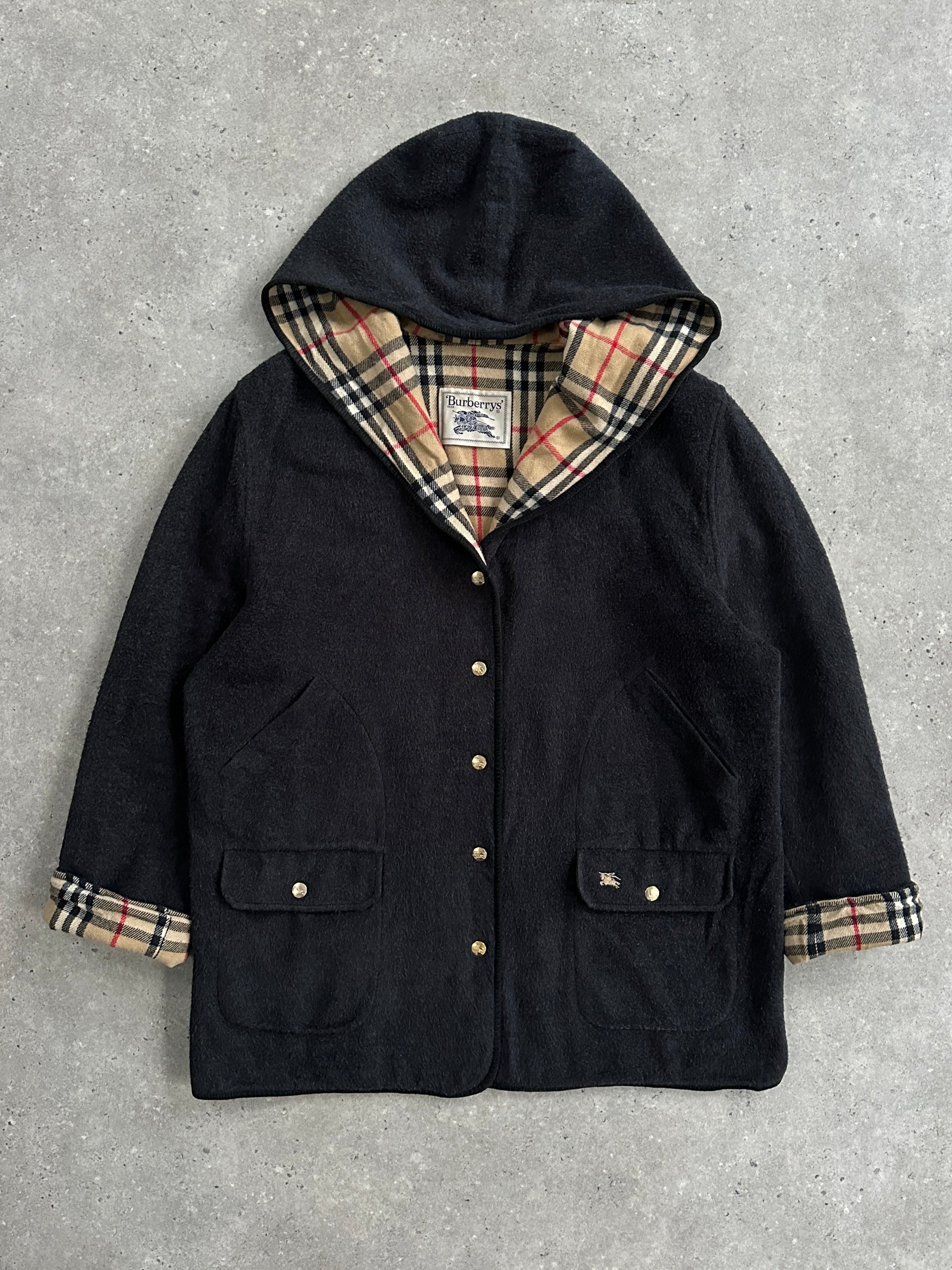 Burberry 1990s wool bespoke button hooded coat in XL, shown with front view, featuring classic design and tailored details.