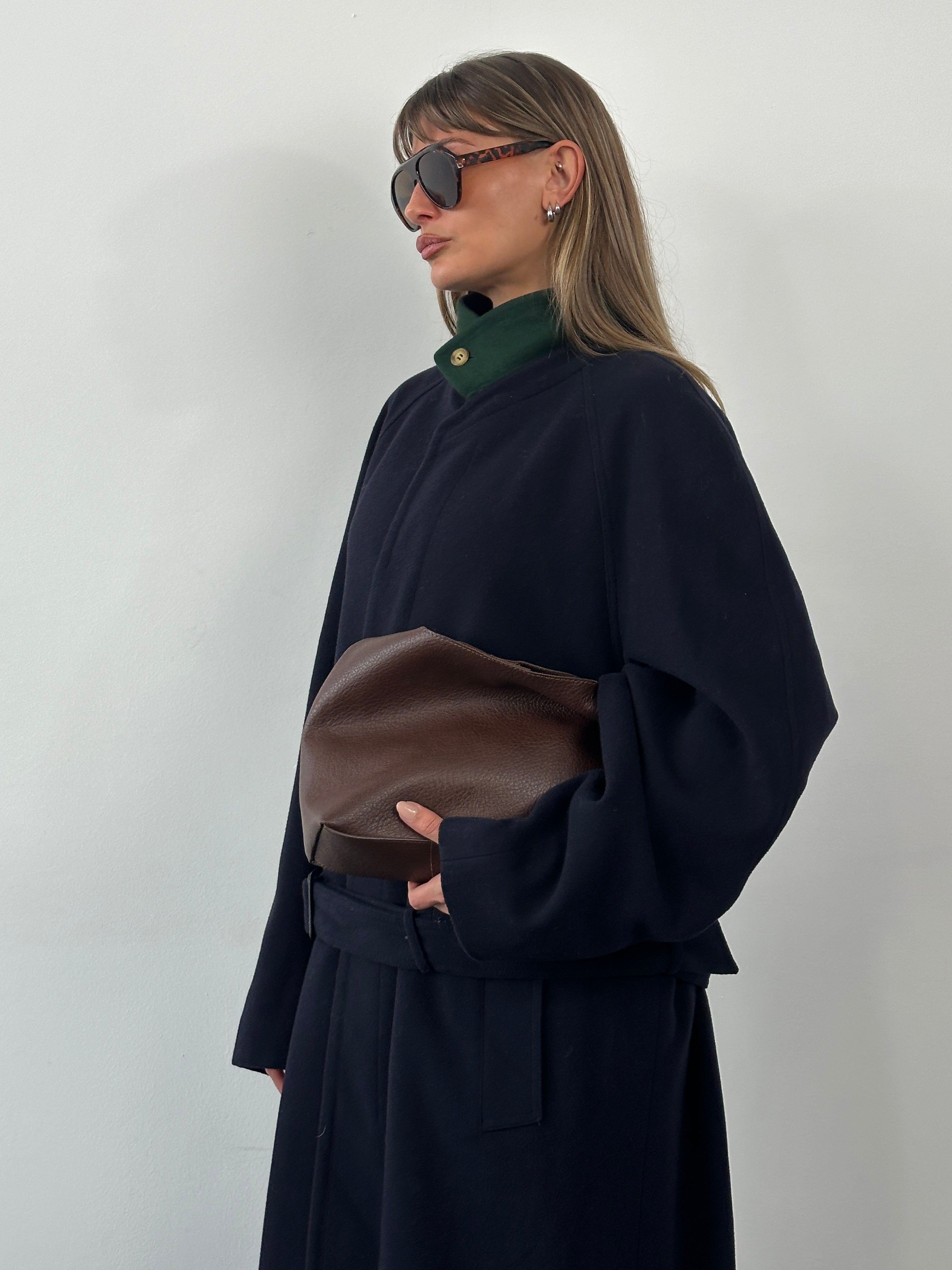 Vintage 1990s pure wool high neck belted coat in XXL, classic vintage coat with a high neckline and waist belt.