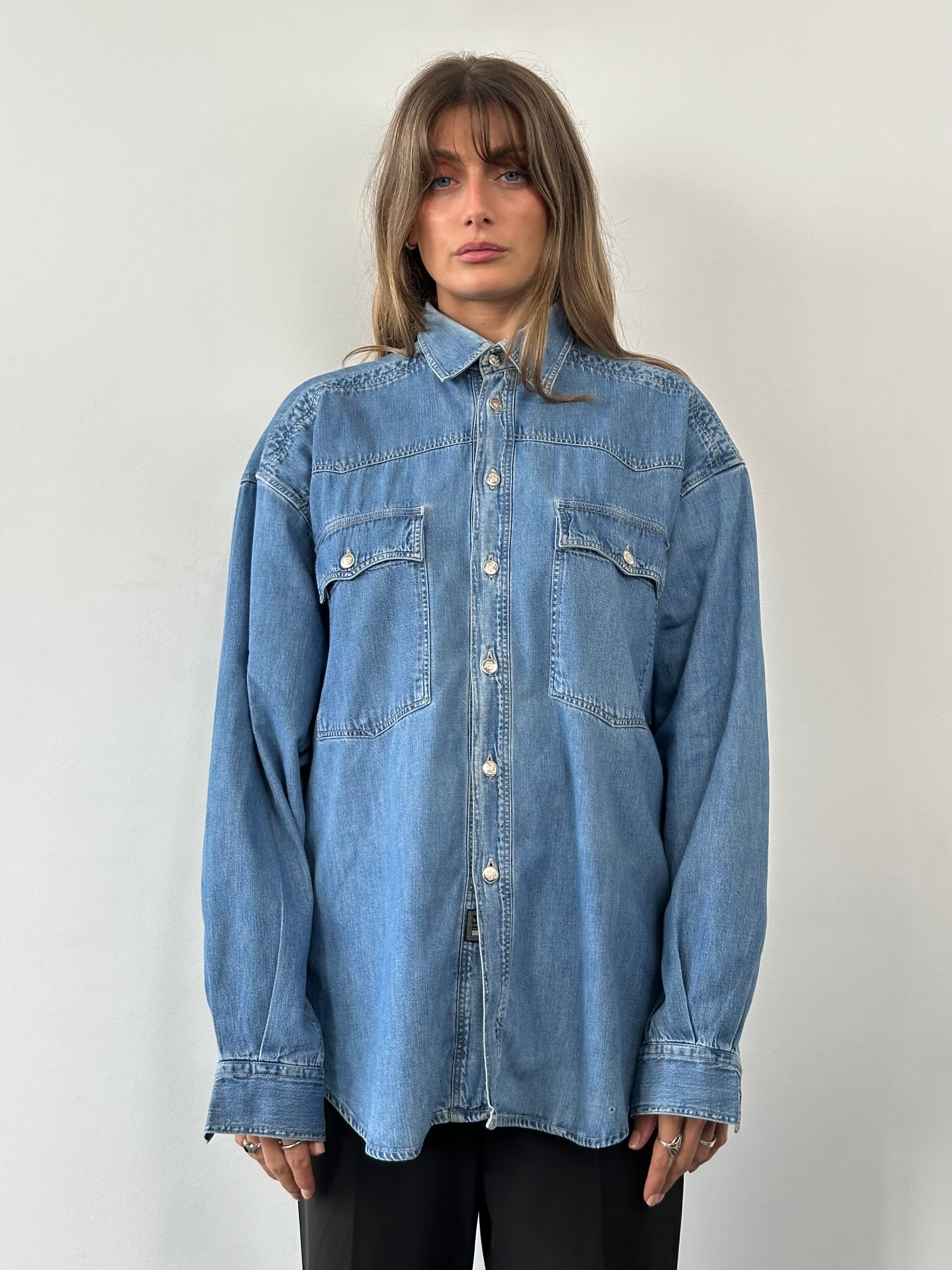 Versace Medusa button denim shirt in XL with classic blue denim fabric and iconic Medusa detail on the front.