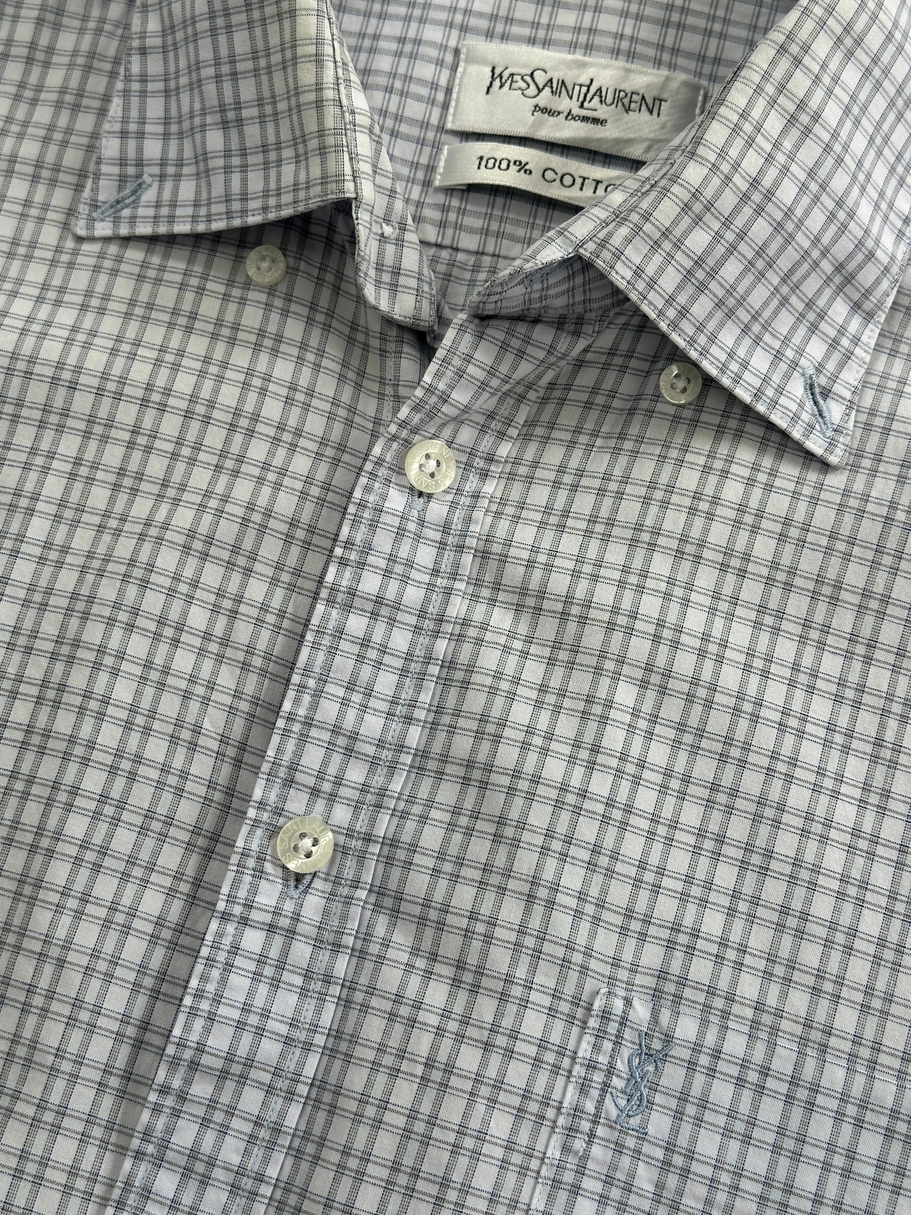 Yves Saint Laurent Pour Homme 2000s check pure cotton shirt in size L, featuring a classic plaid pattern and button-front design.