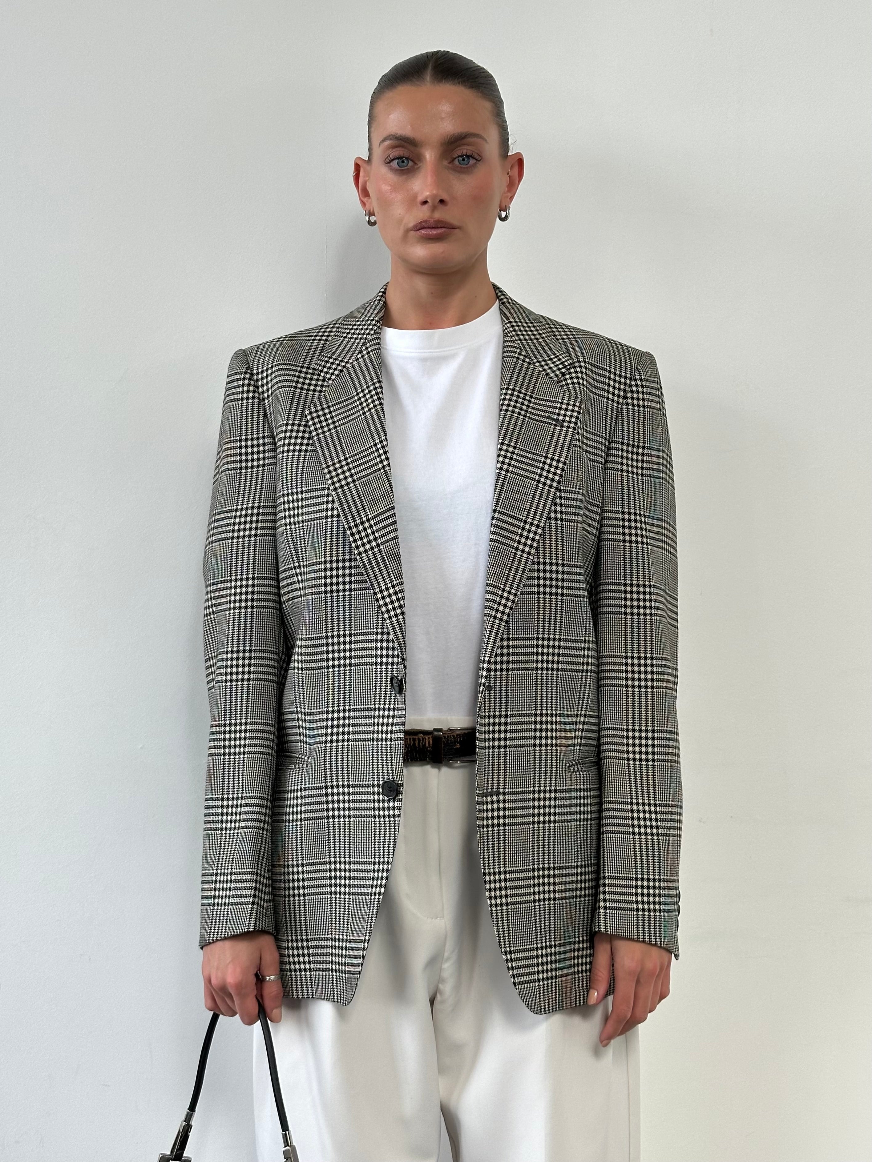 Yves Saint Laurent Pour Homme 1980s check wool single-breasted blazer in size M, stylish men's tailored jacket.