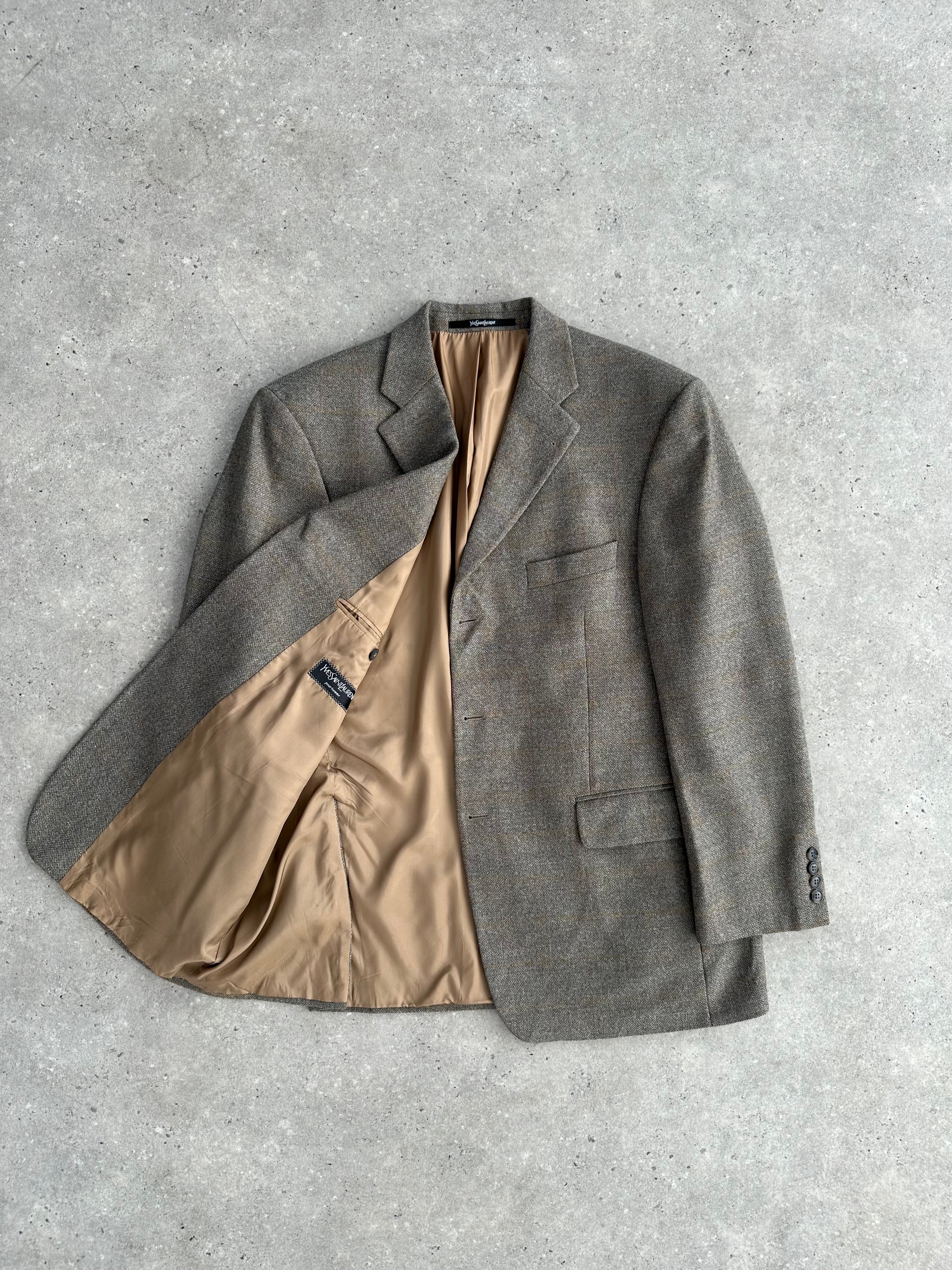 Yves Saint Laurent Pour Homme brushed wool check blazer in XL/XXL, tailored fit with classic pattern and structured design.