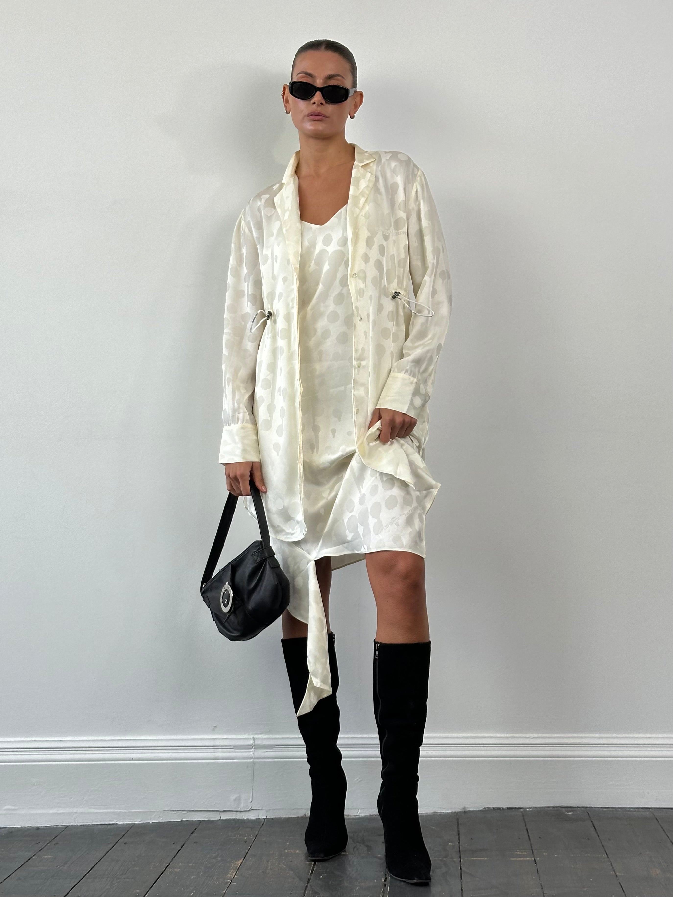 Off-White two-piece cami and shirt dress set in patterned fabric, featuring a sleeveless camisole and button-up shirt.