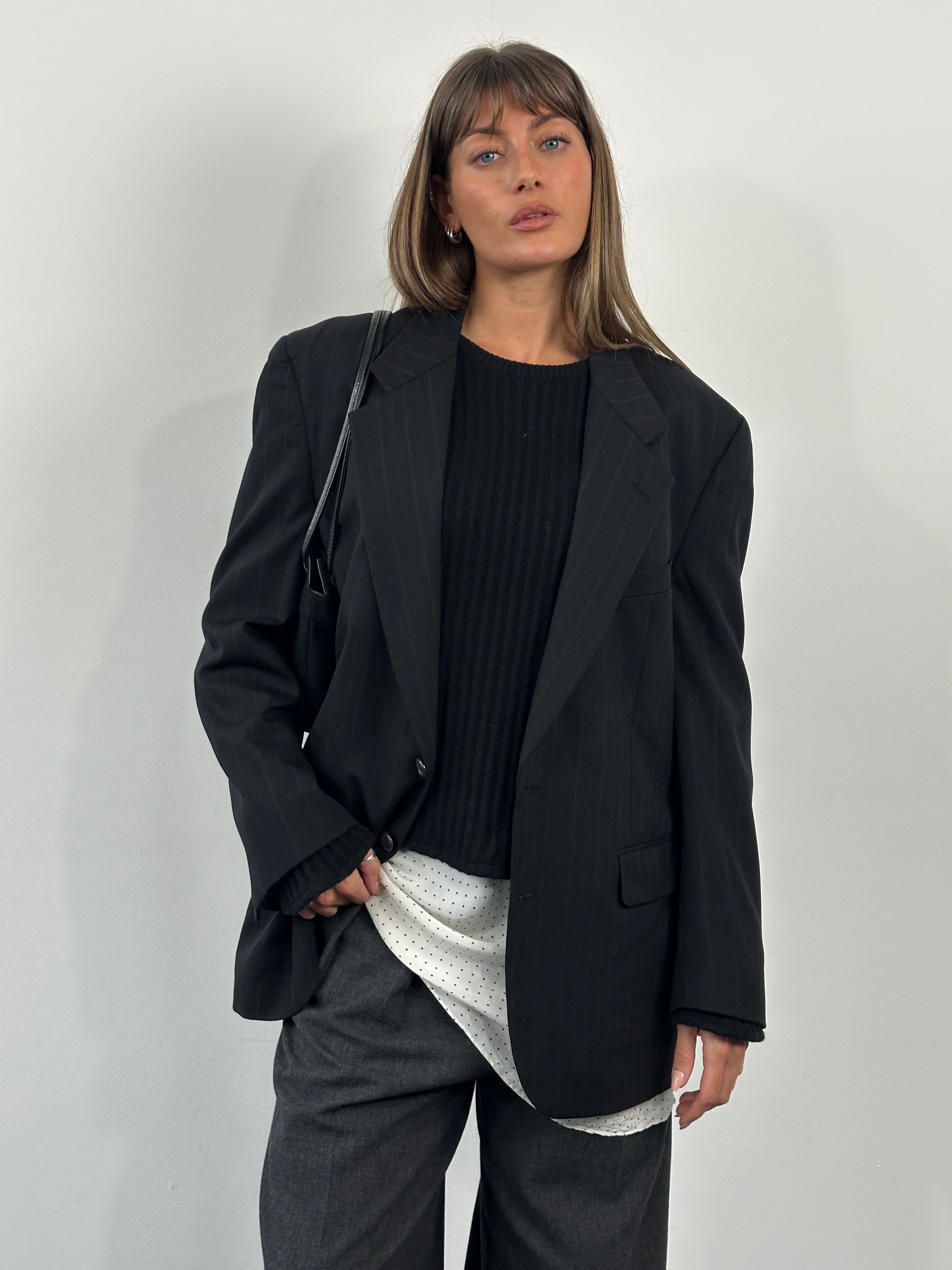 Christian Dior Le Connaisseur 1990s pure wool stripe blazer in size 42R/XL, featuring classic tailored design and bold stripe pattern.