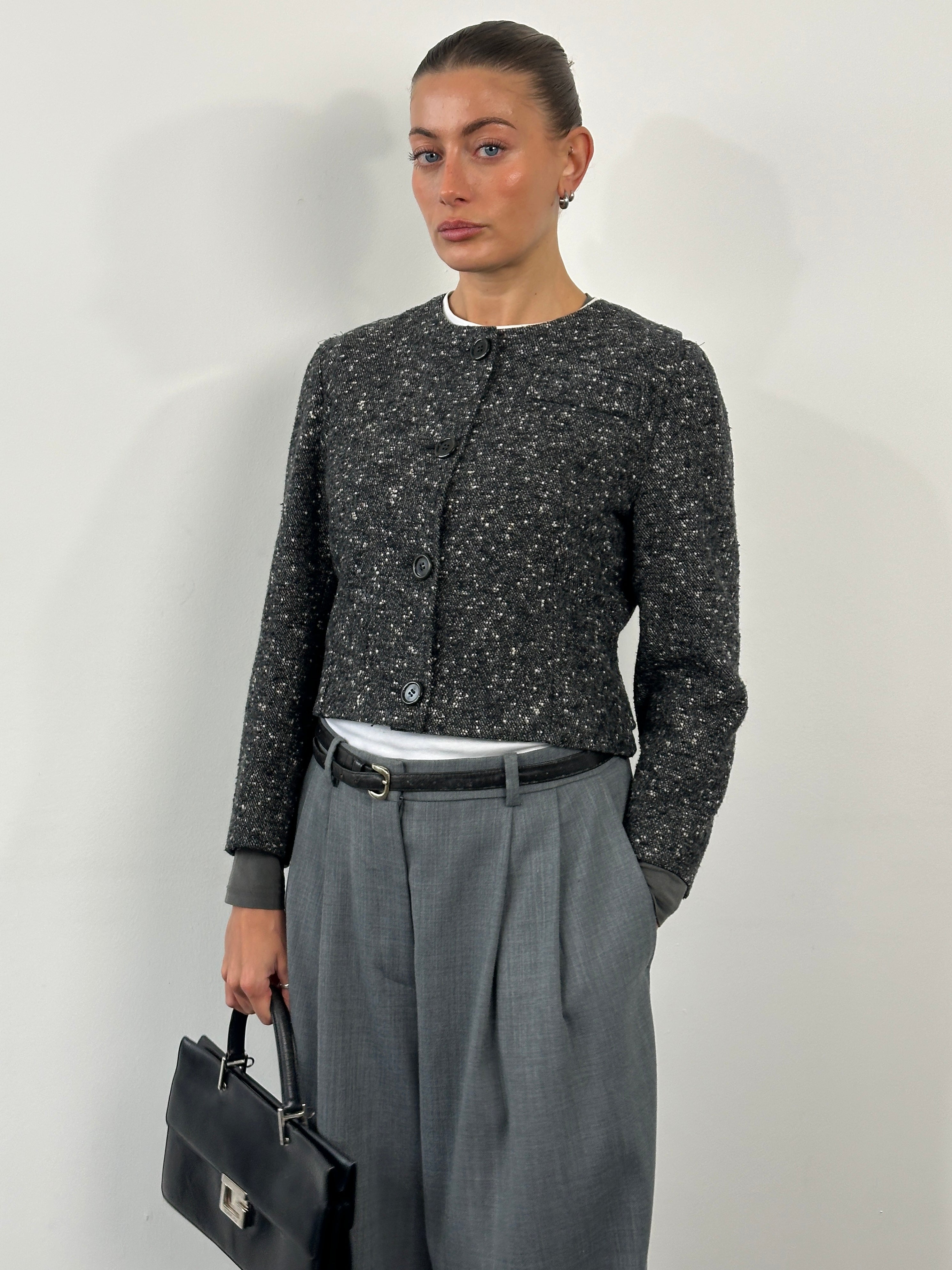 Vintage Italian 1990s pure wool tailored jacket, S/M, showcasing classic design and craftsmanship in a timeless style.