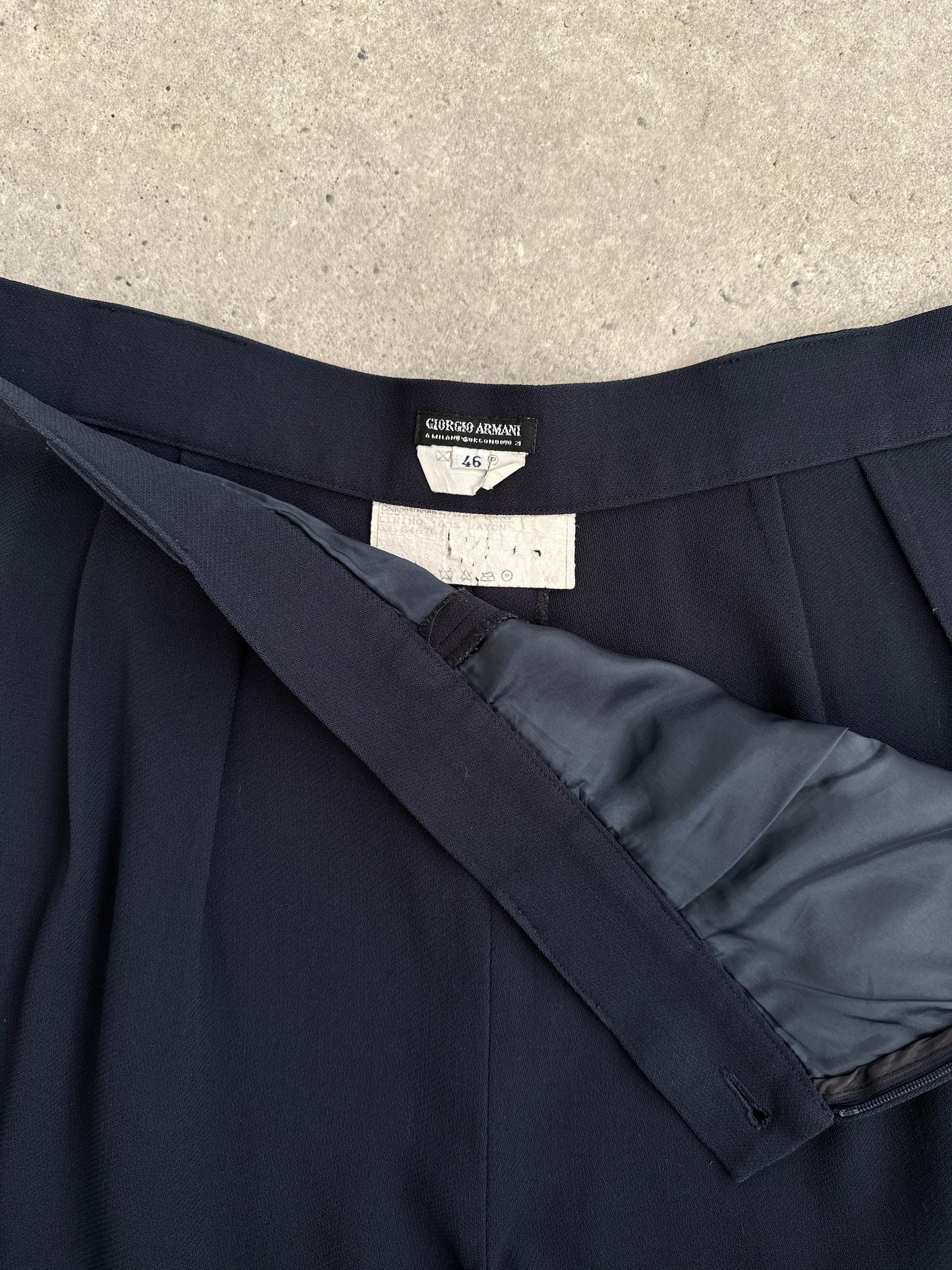 Giorgio Armani 1990s high-waisted pure wool tapered trousers in size W28, shown in a classic tailored fit.