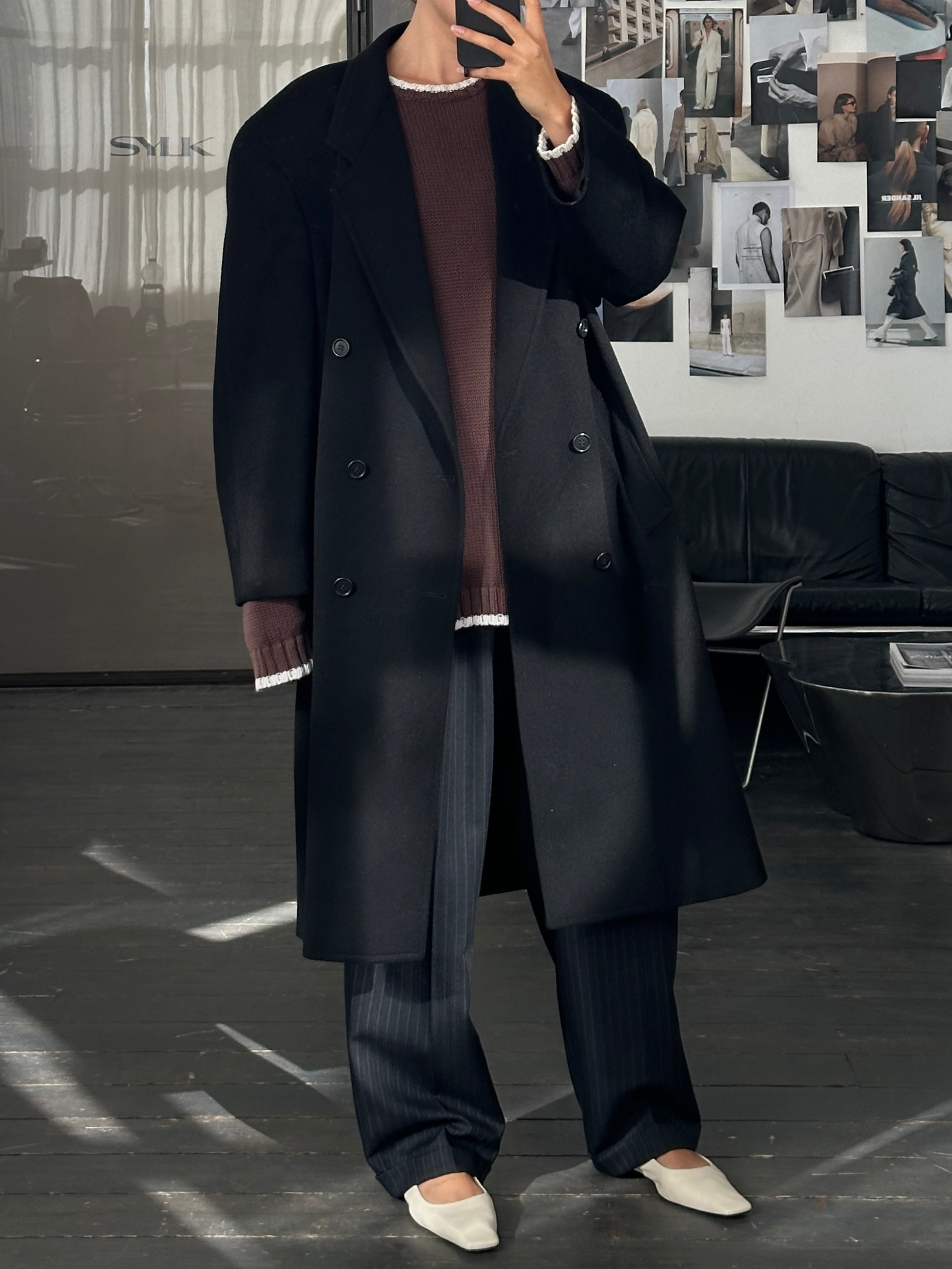 Pierre Cardin 1990s double-breasted pure wool coat in XXL, shown hanging with classic collar and button details.