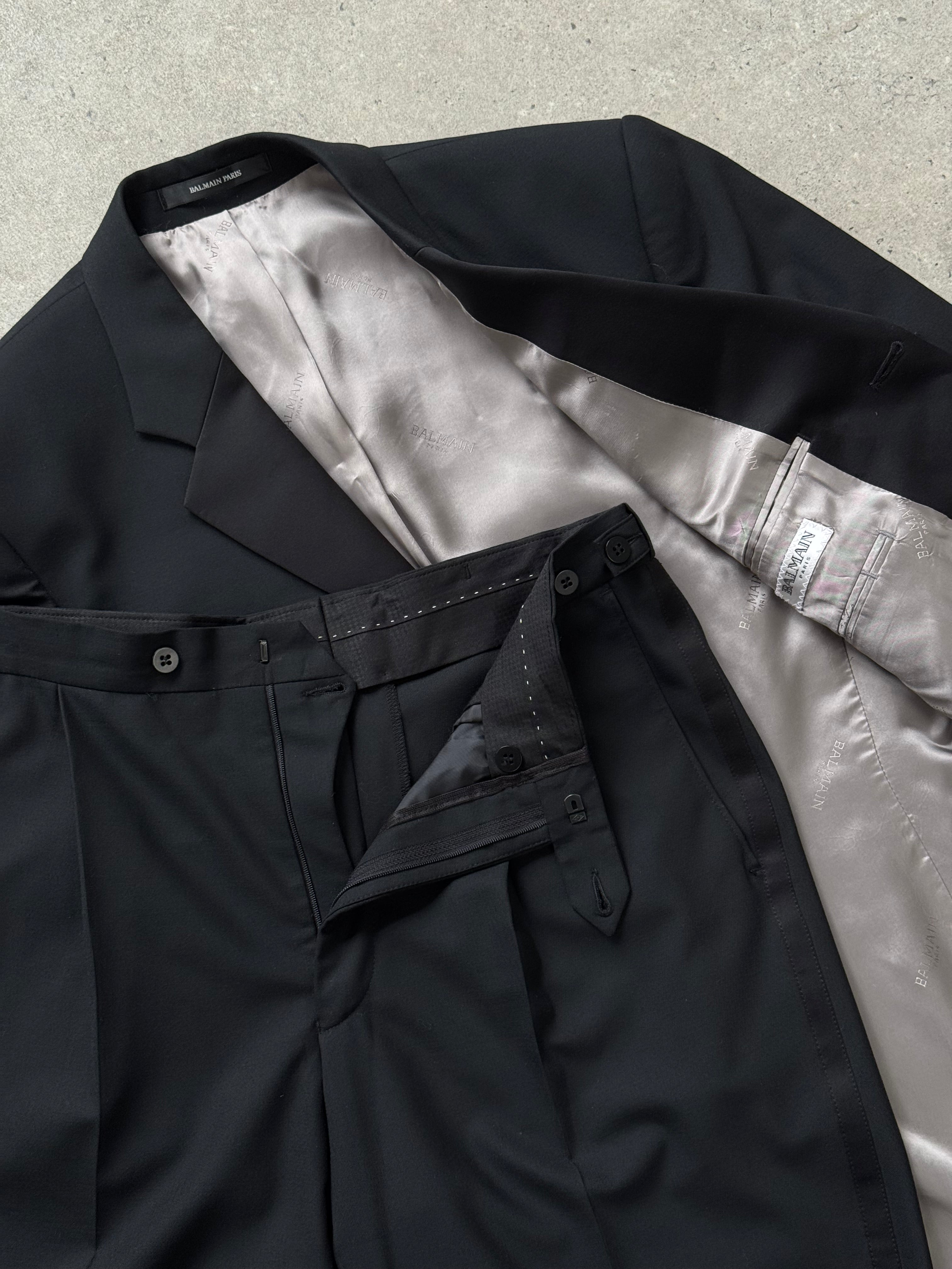 Balmain 2000s tuxedo wool single-breasted suit jacket in size 40R/W30-32, tailored fit with classic lapel and sleek design.