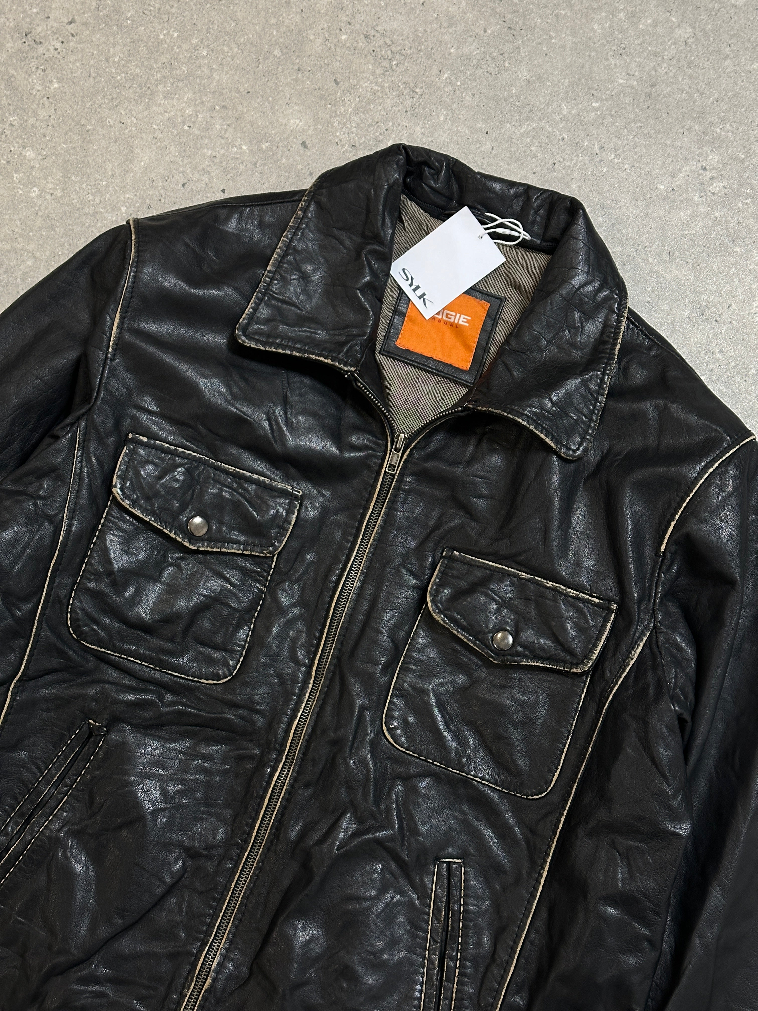 Vintage Contrast Stitch Leather Biker Jacket - L - SYLK