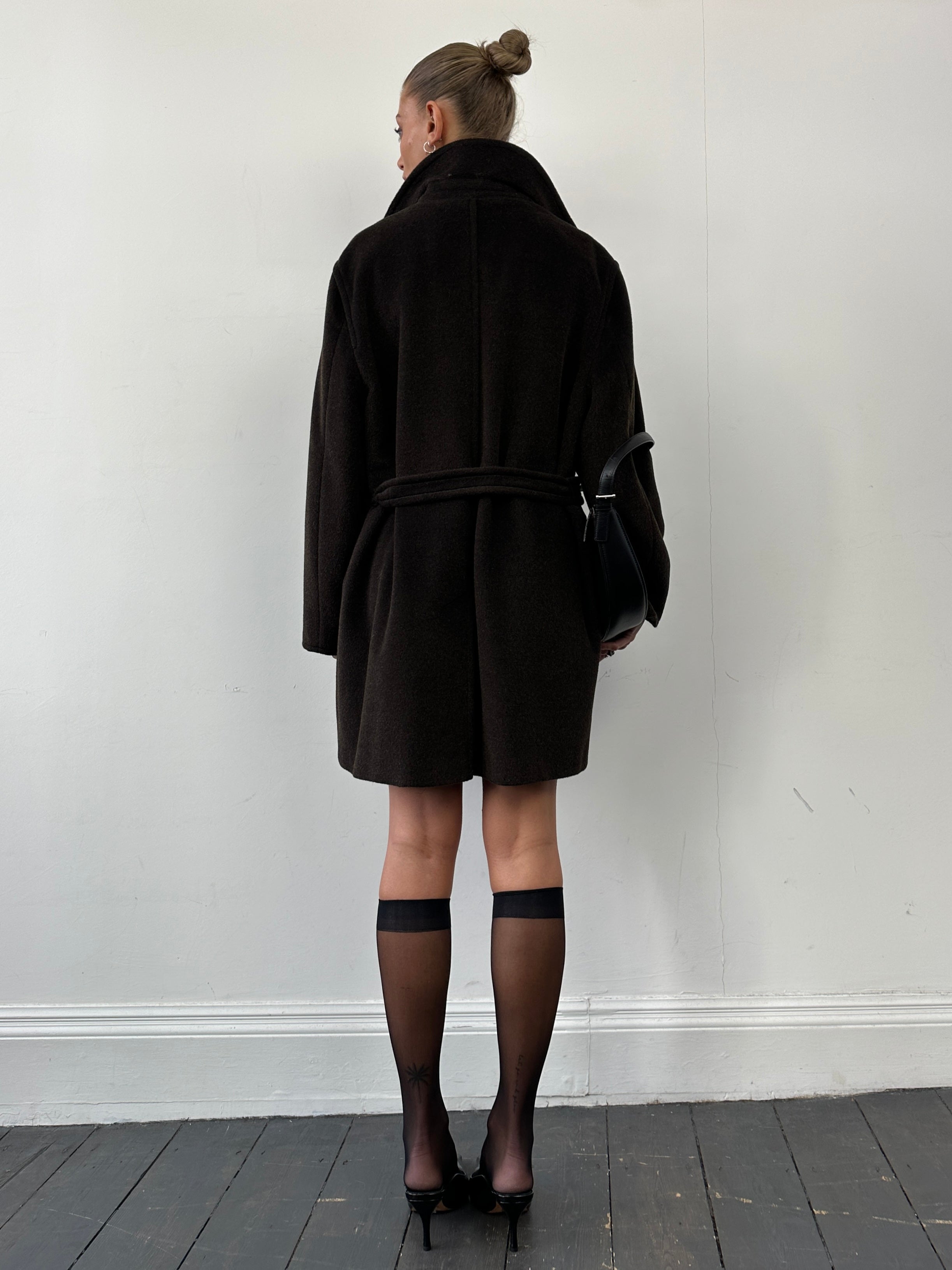 Marella wool mohair double-breasted belted coat in size L/XL, featuring a tailored design and classic lapel collar.