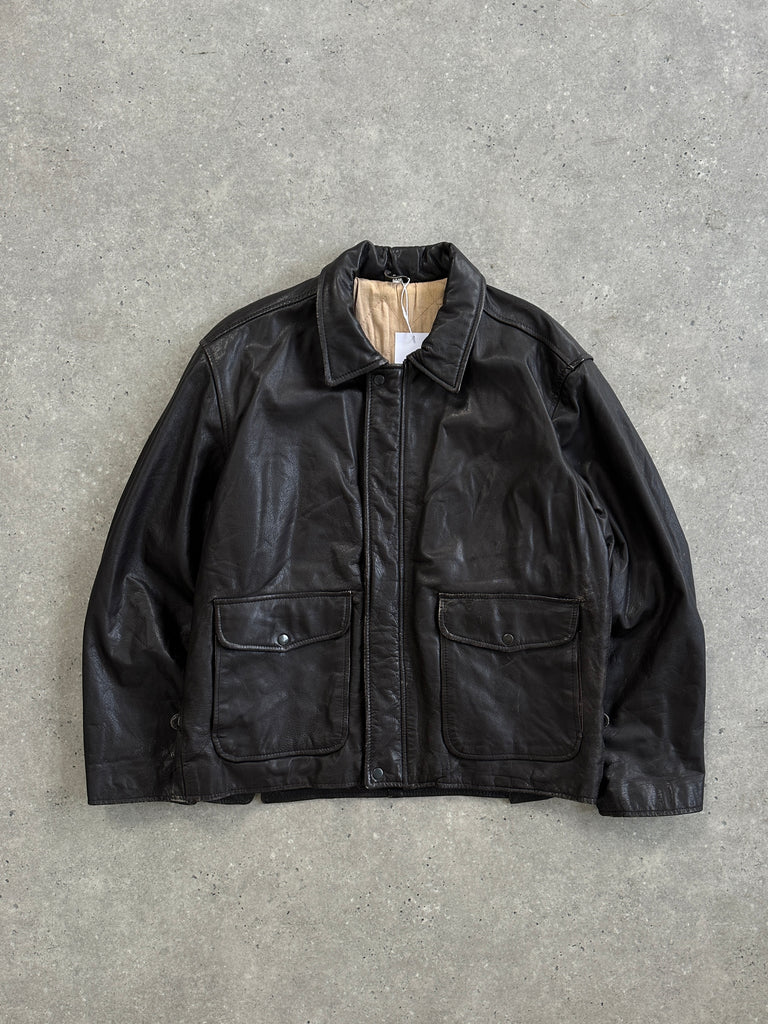 Vintage Minimal Zip Up Leather Jacket - XL - SYLK