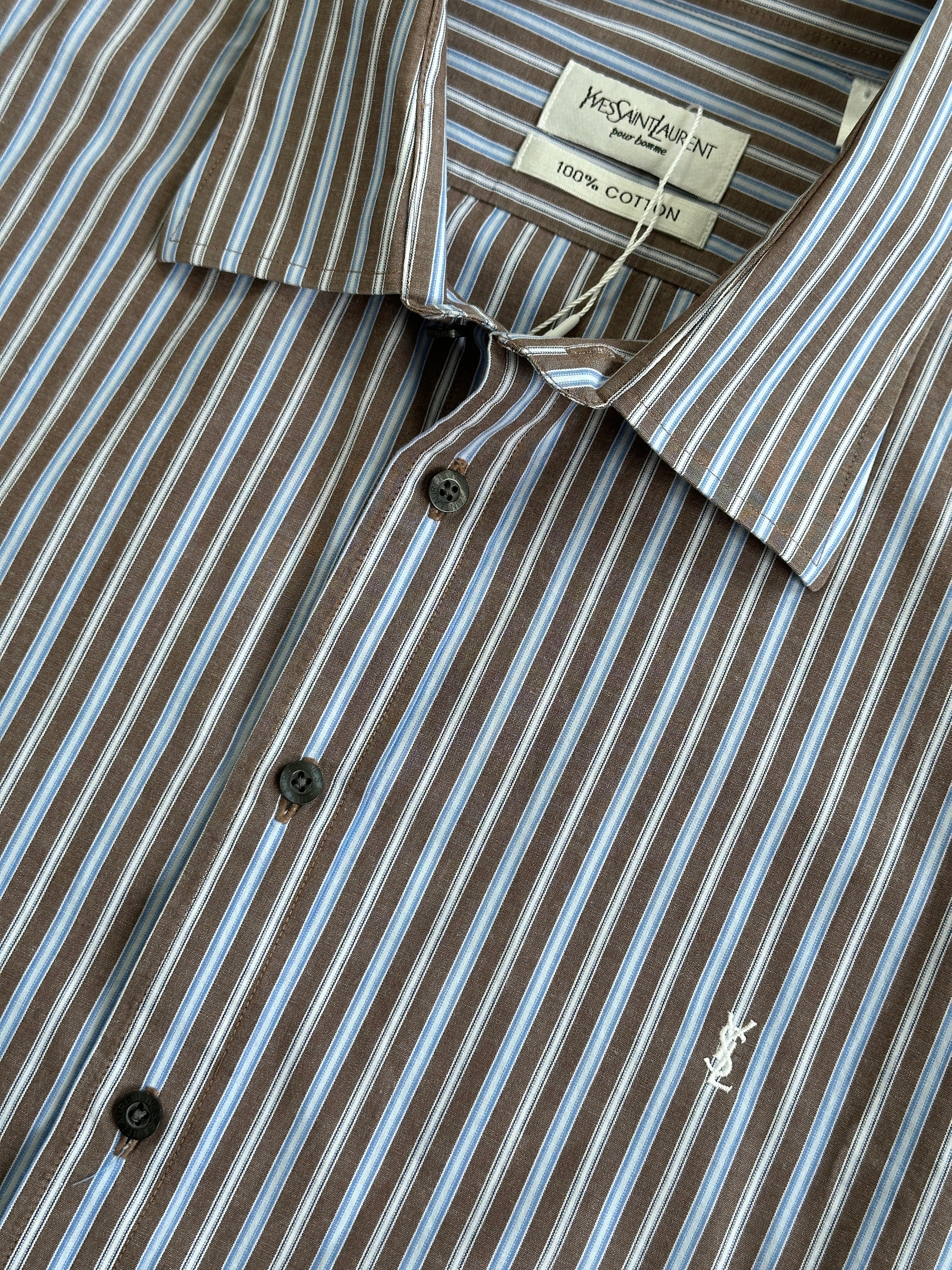 Yves Saint Laurent Pour Homme cotton dress shirt with blue and white stripes and logo, in XL/XXL size, laid flat.