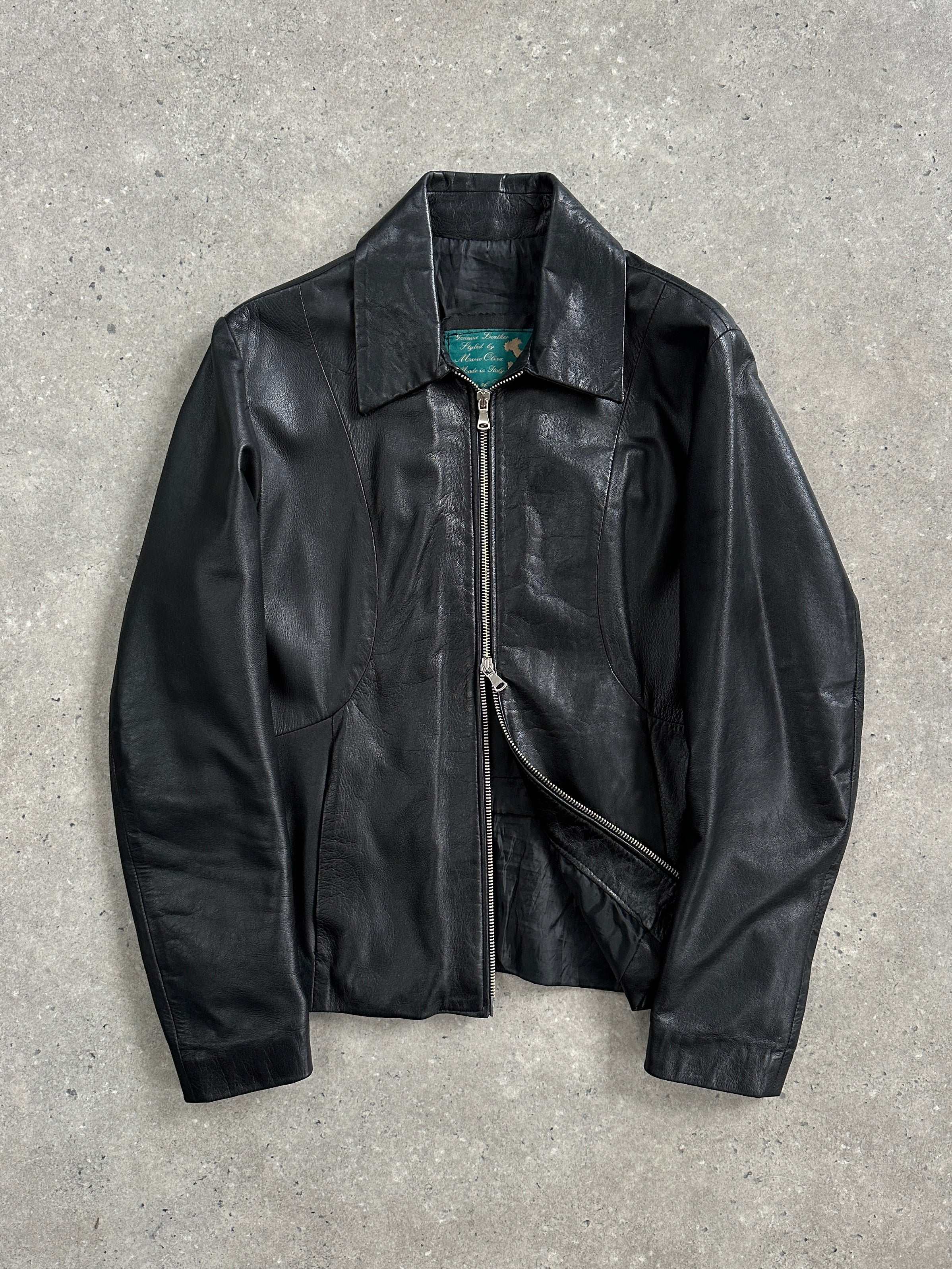 Vintage Italian 1990s double zip leather jacket, slim fit, in black leather with silver hardware, styled on a mannequin.