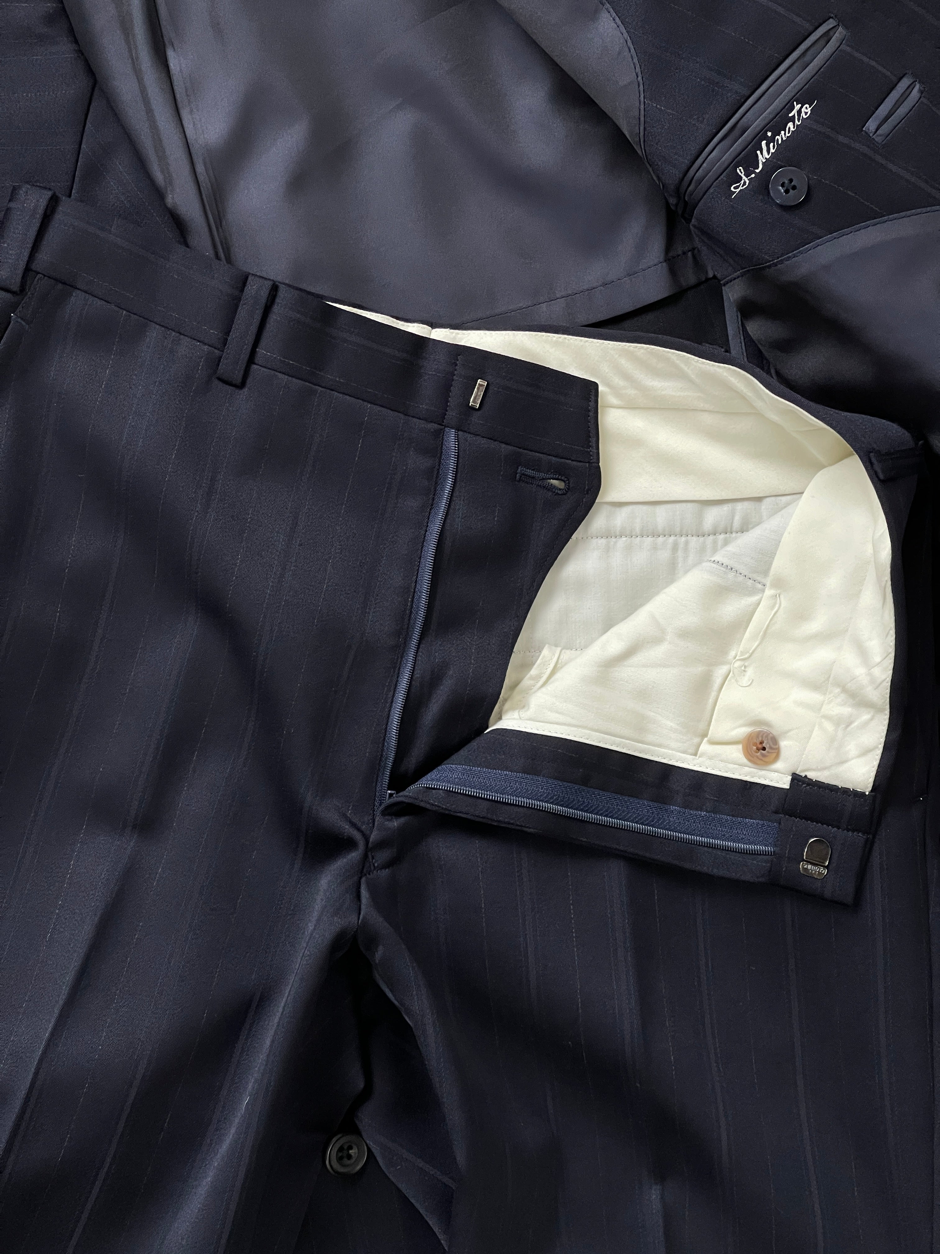 Burberry 1990s pure wool stripe double-breasted suit, size 36S/W28, tailored with classic British style and bold stripe pattern.