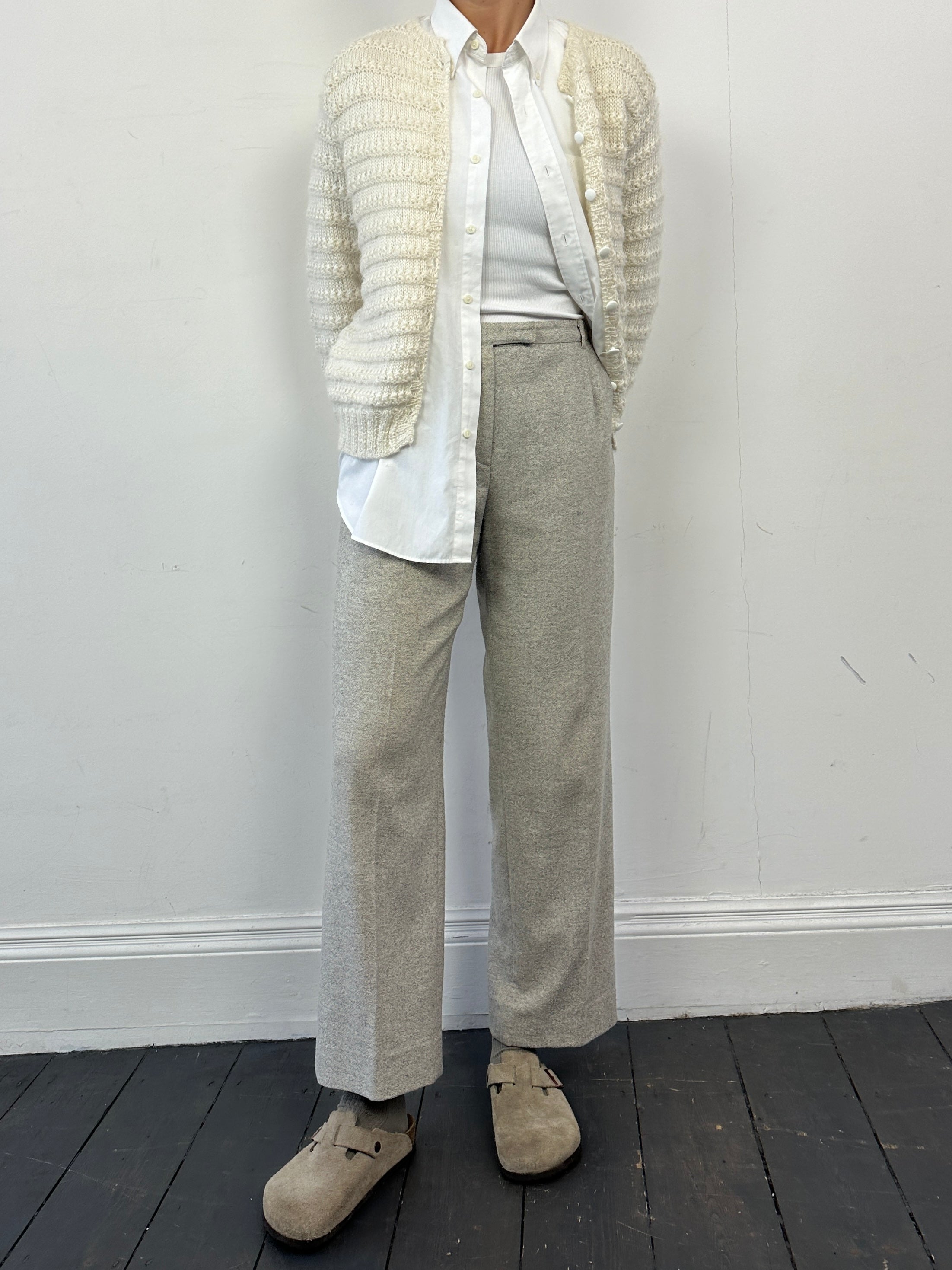 Jaeger wool silk mid-waist straight leg trousers in W28, shown on a model, featuring a tailored fit and classic style.