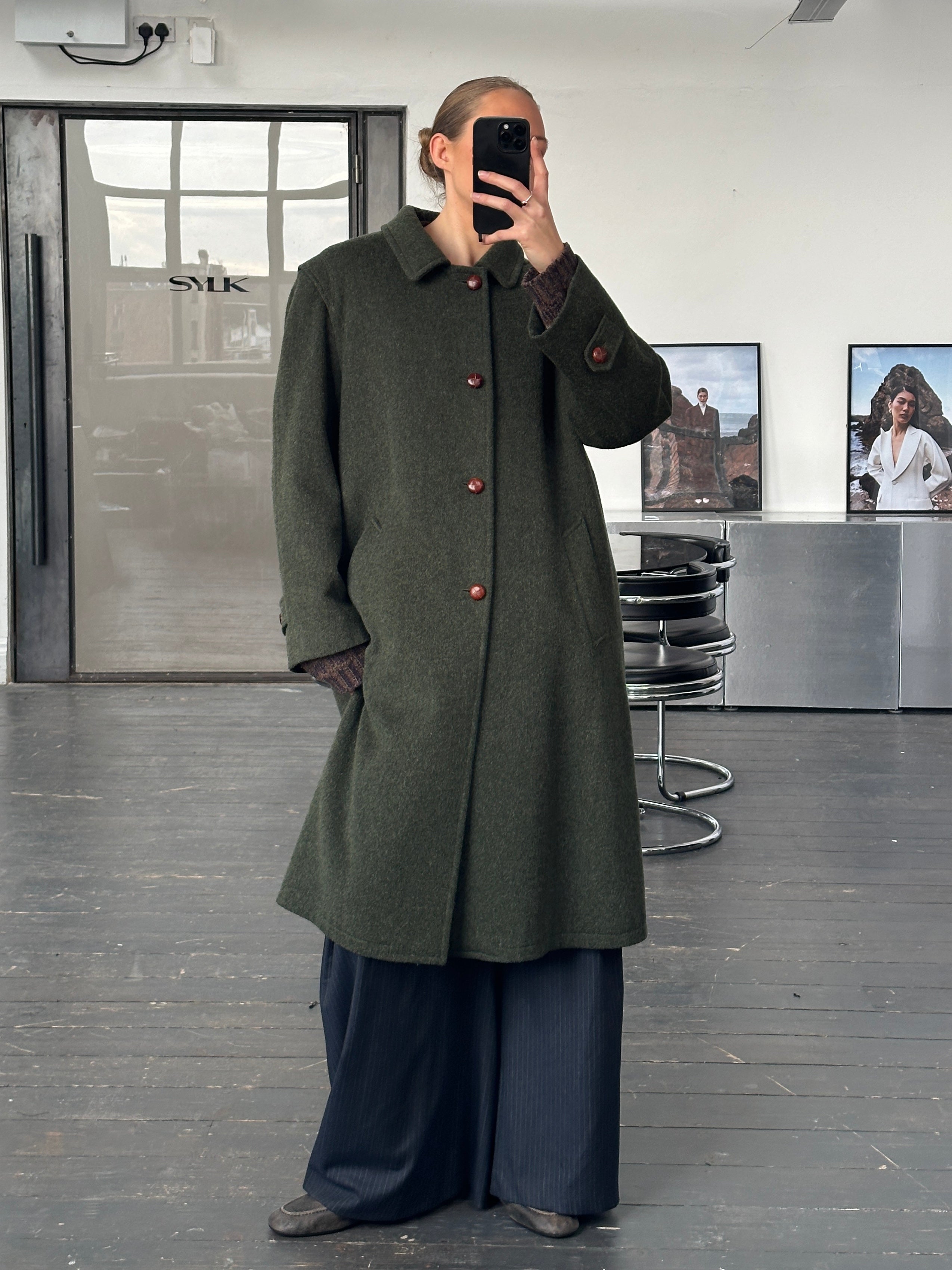Vintage 1990s Italian wool, alpaca, and mohair single-breasted coat in XL, showcasing classic tailored style and textured fabric.