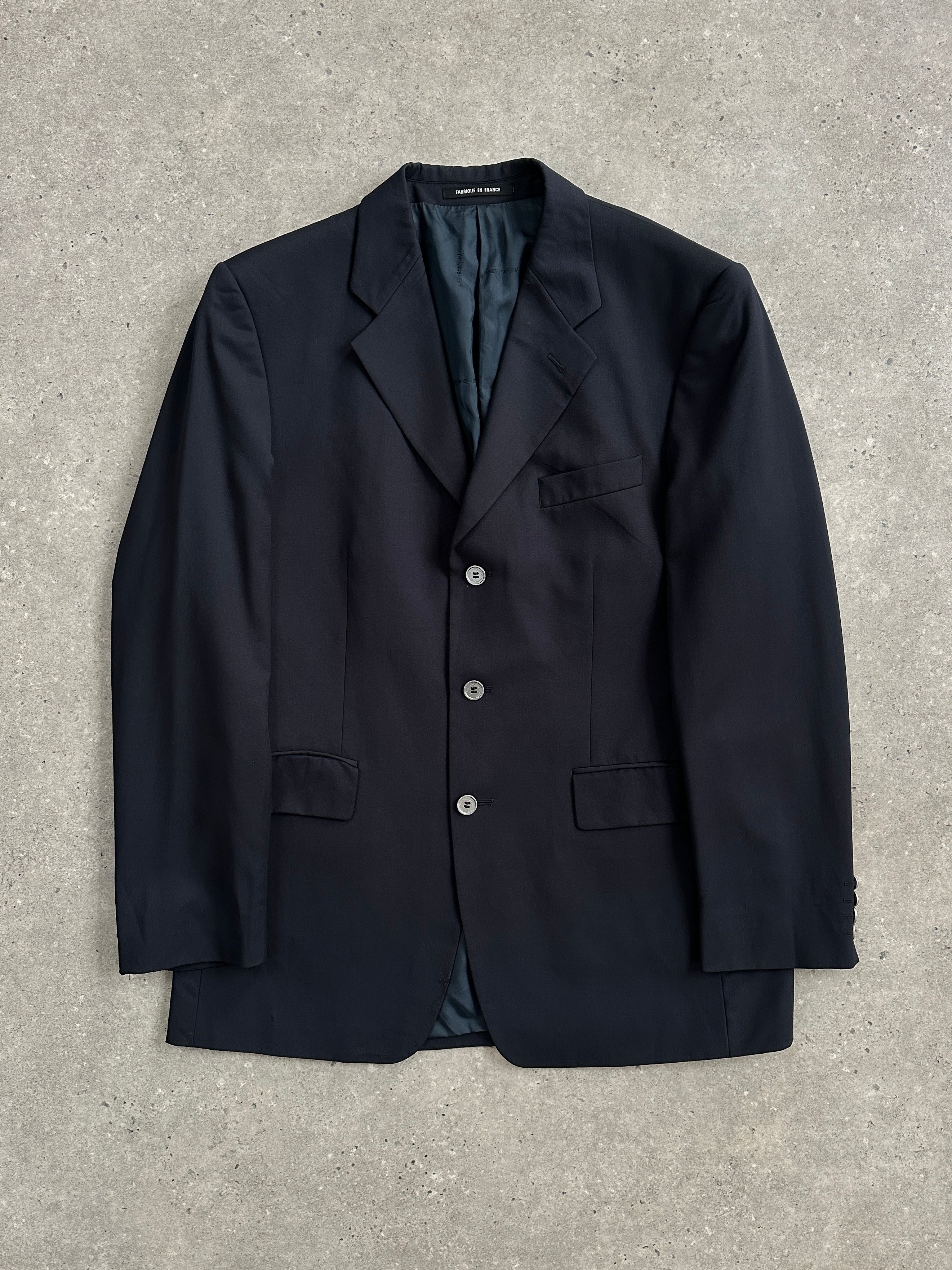 Yves Saint Laurent Pour Homme 1990s bespoke wool blazer, men's tailored button blazer in size 42R/XL, classic luxury fashion piece.