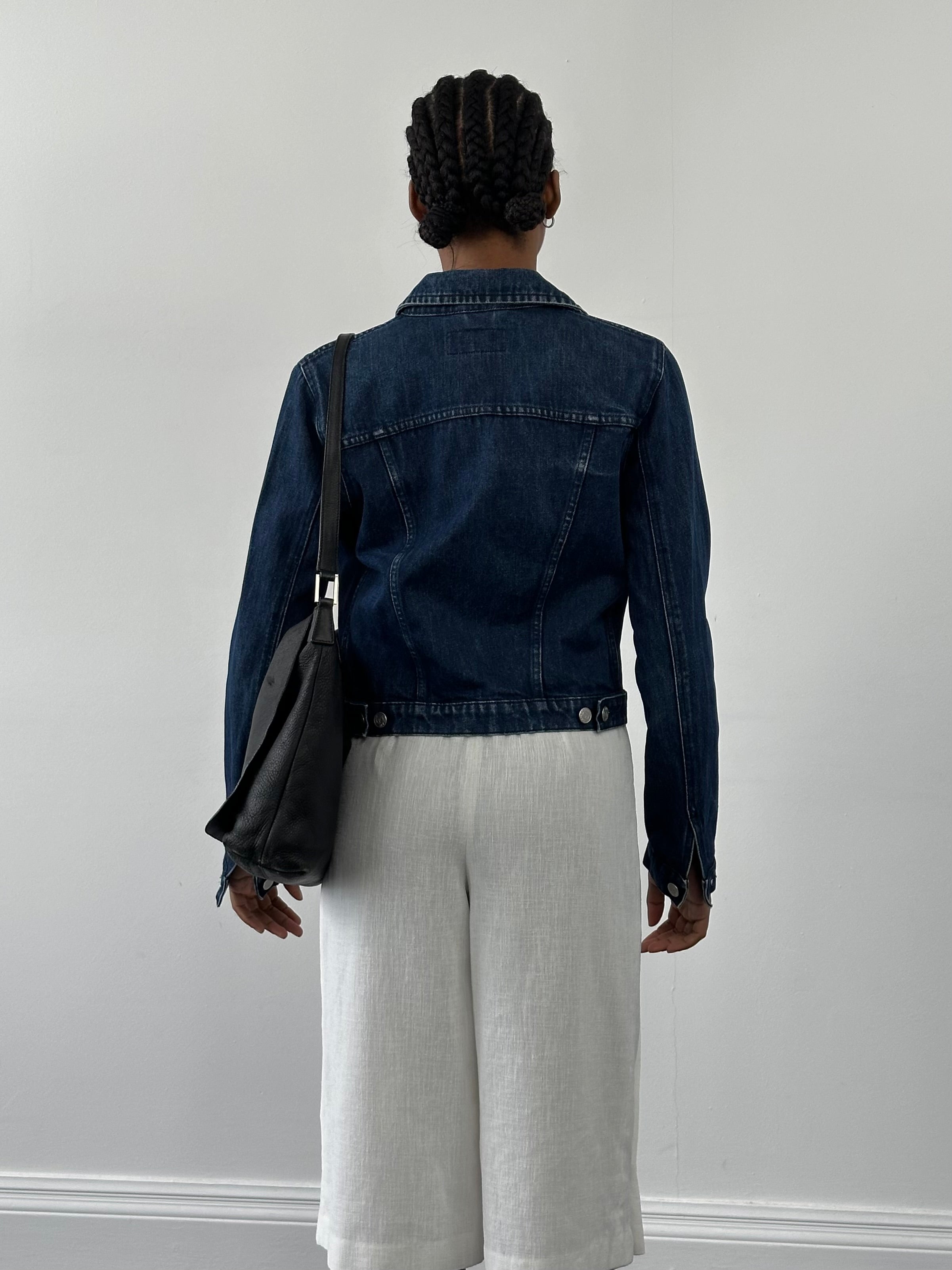 Armani Jeans 2000s mid wash denim jacket in XS/S, classic style with button-up front and chest pockets, casual and versatile.