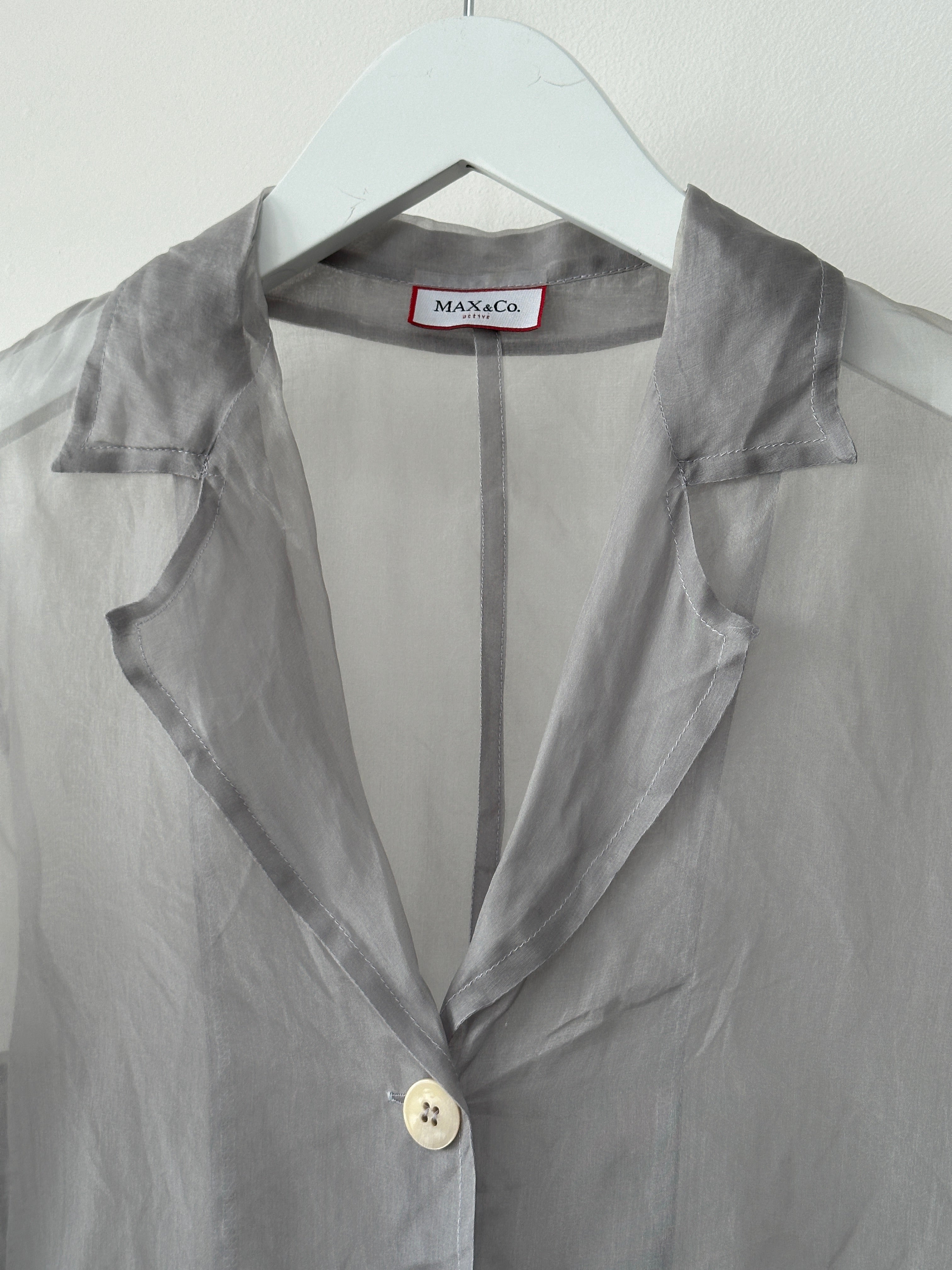 MAX & Co sheer organza shirt in size S, featuring lightweight, transparent fabric with a classic collar and button-down front.