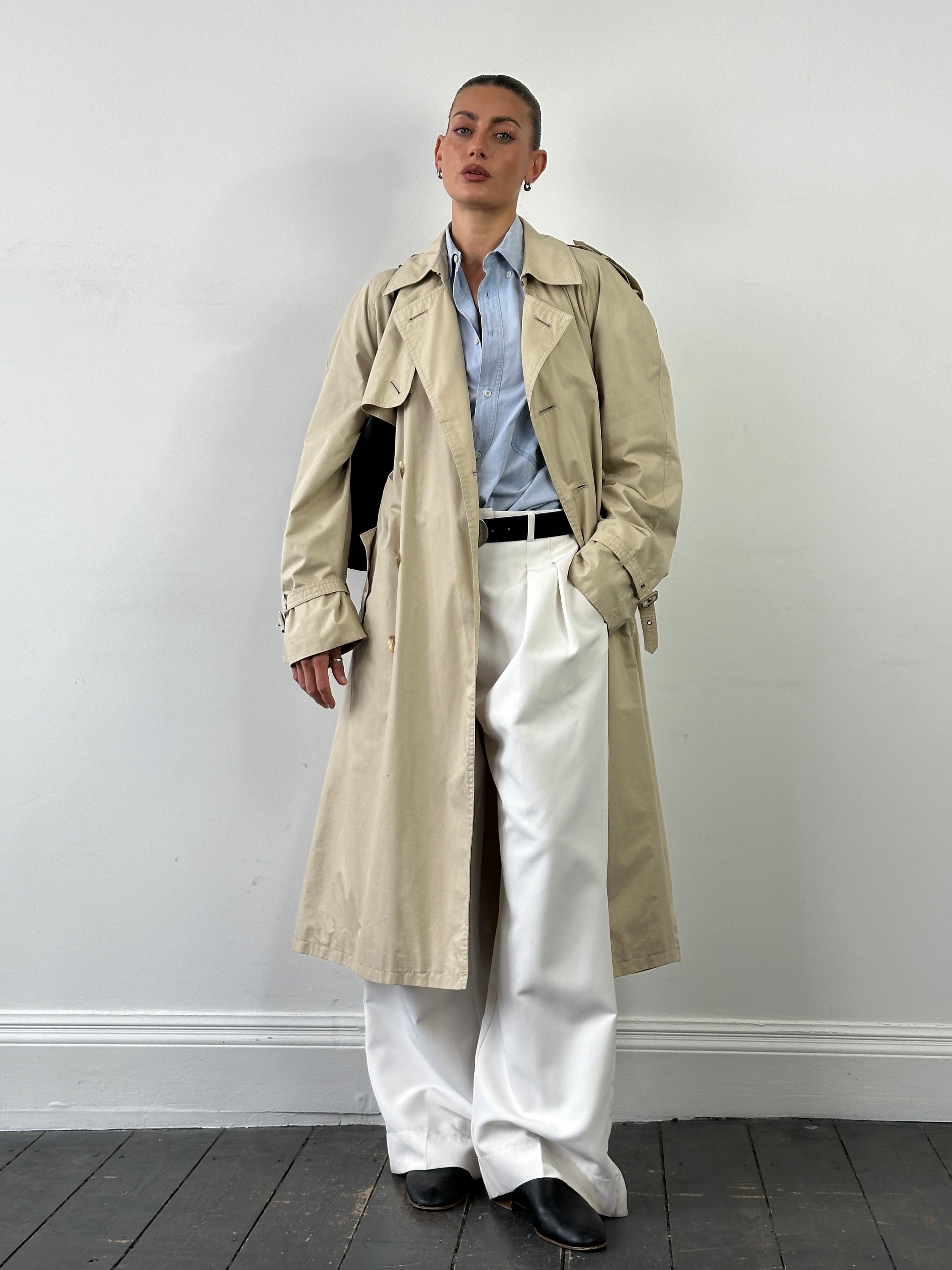 Yves Saint Laurent 80s Cotton Double Breasted Belted Trench