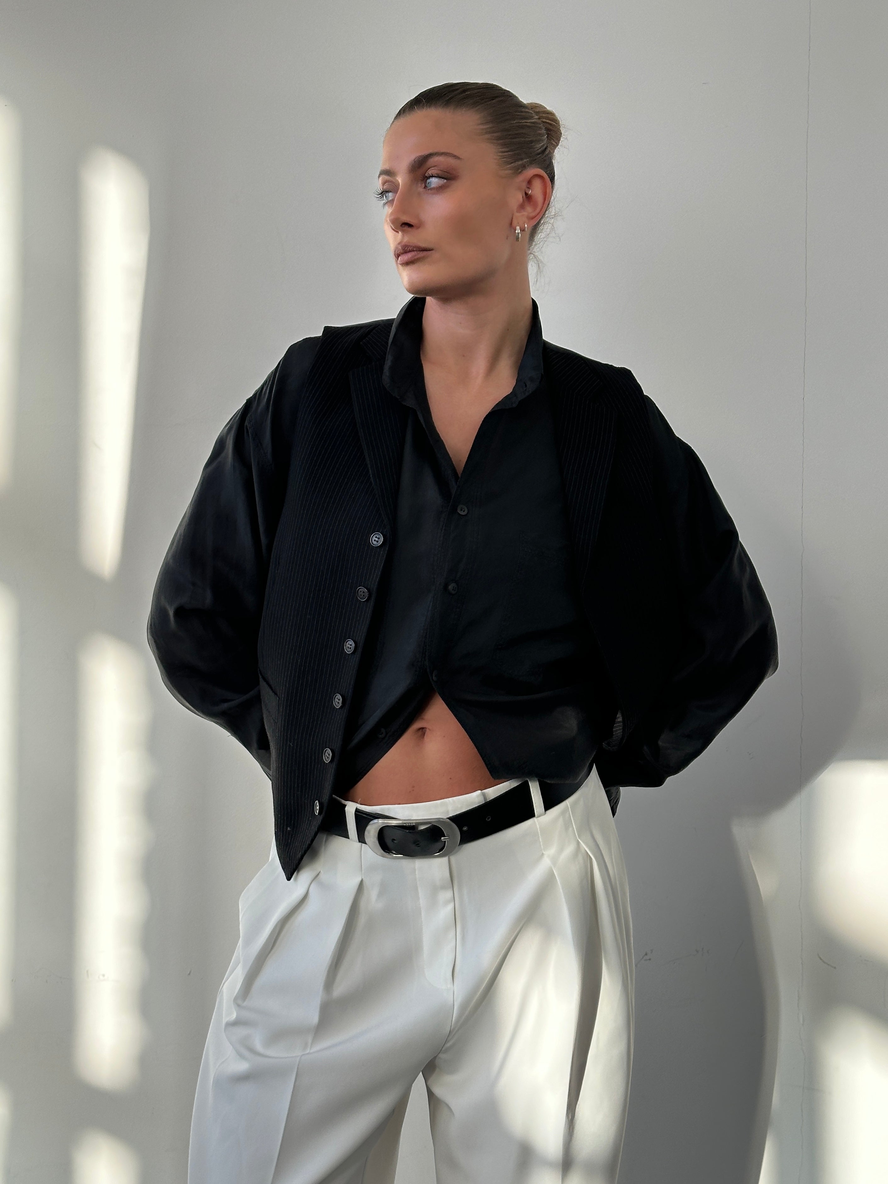 Vintage pure silk shirt in size L/XL, featuring a classic design with a smooth, shiny texture and elegant collar detail.