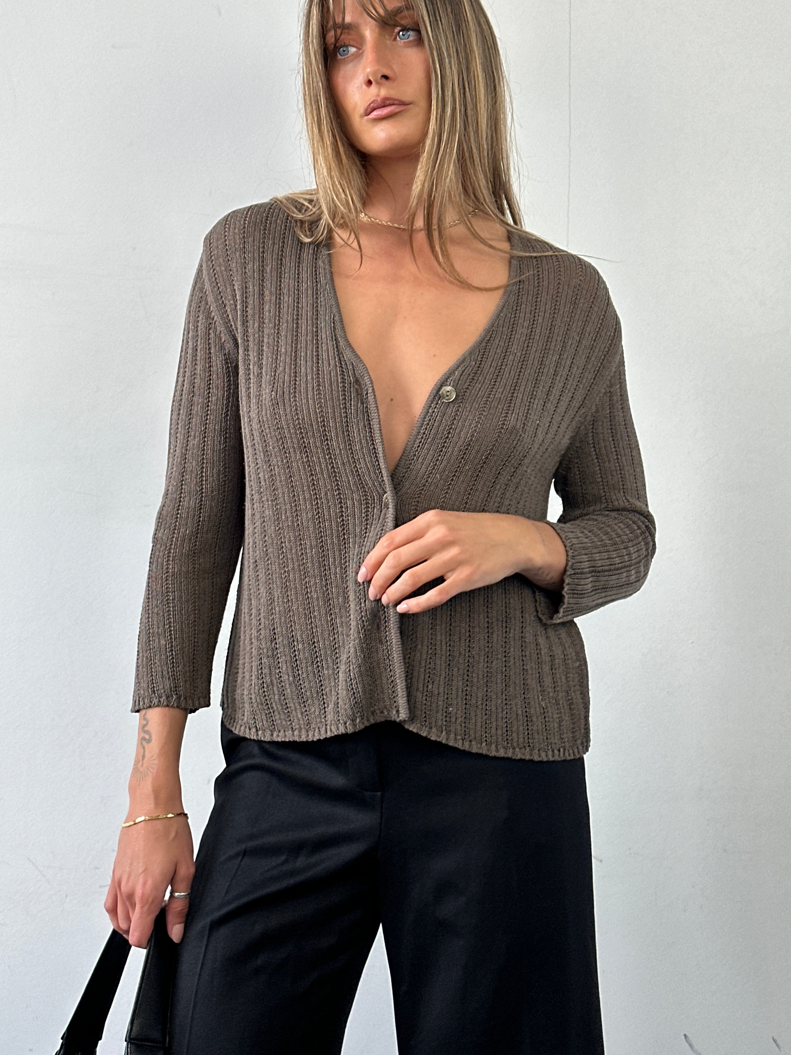 Max Mara knitted crochet cardigan in size M, featuring textured knit and relaxed fit, displayed on a neutral background.