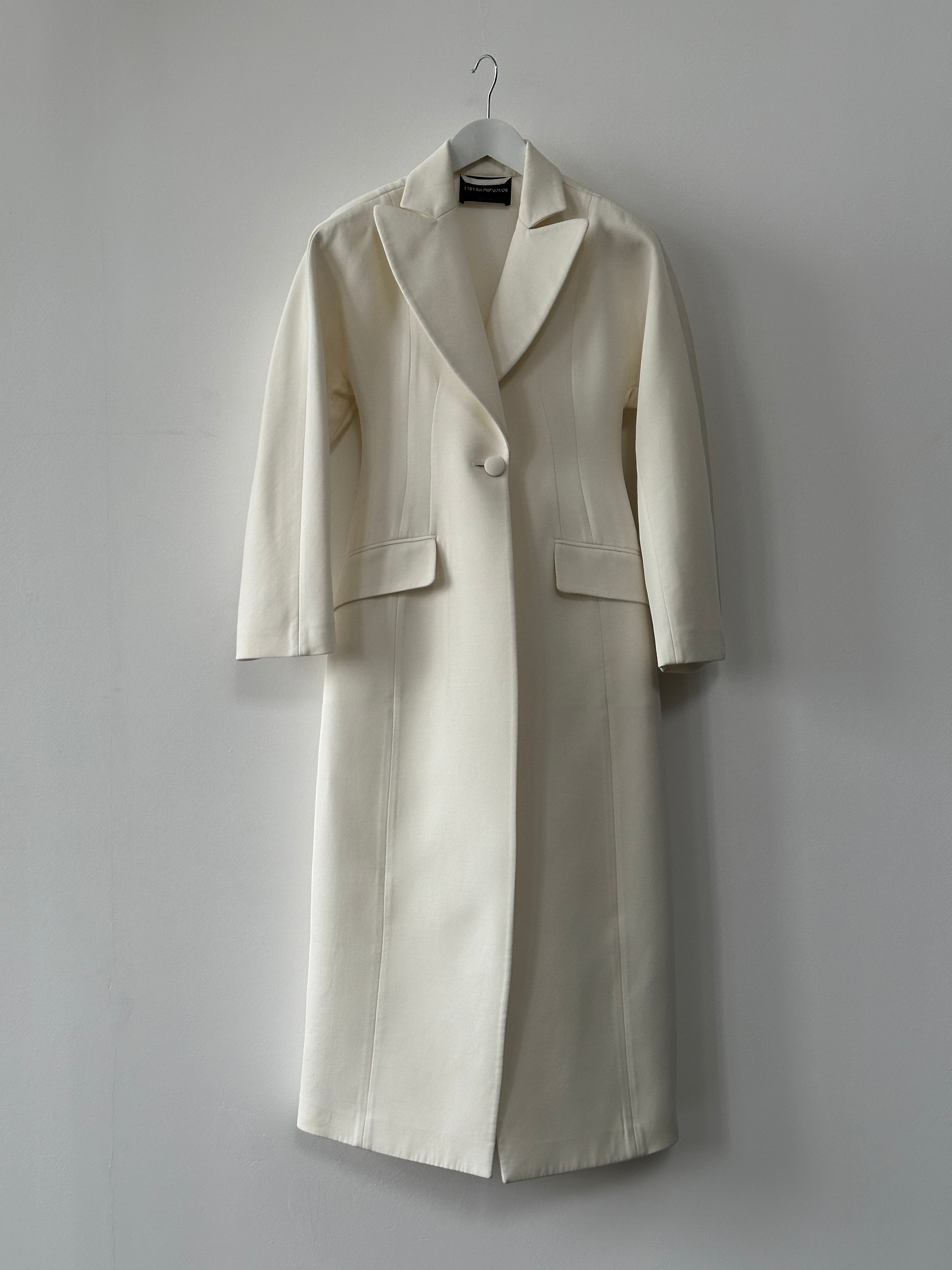 Emporio Armani wool blend fitted coat in size S, stylish coat with a sleek design and tailored fit, ideal for cold weather.