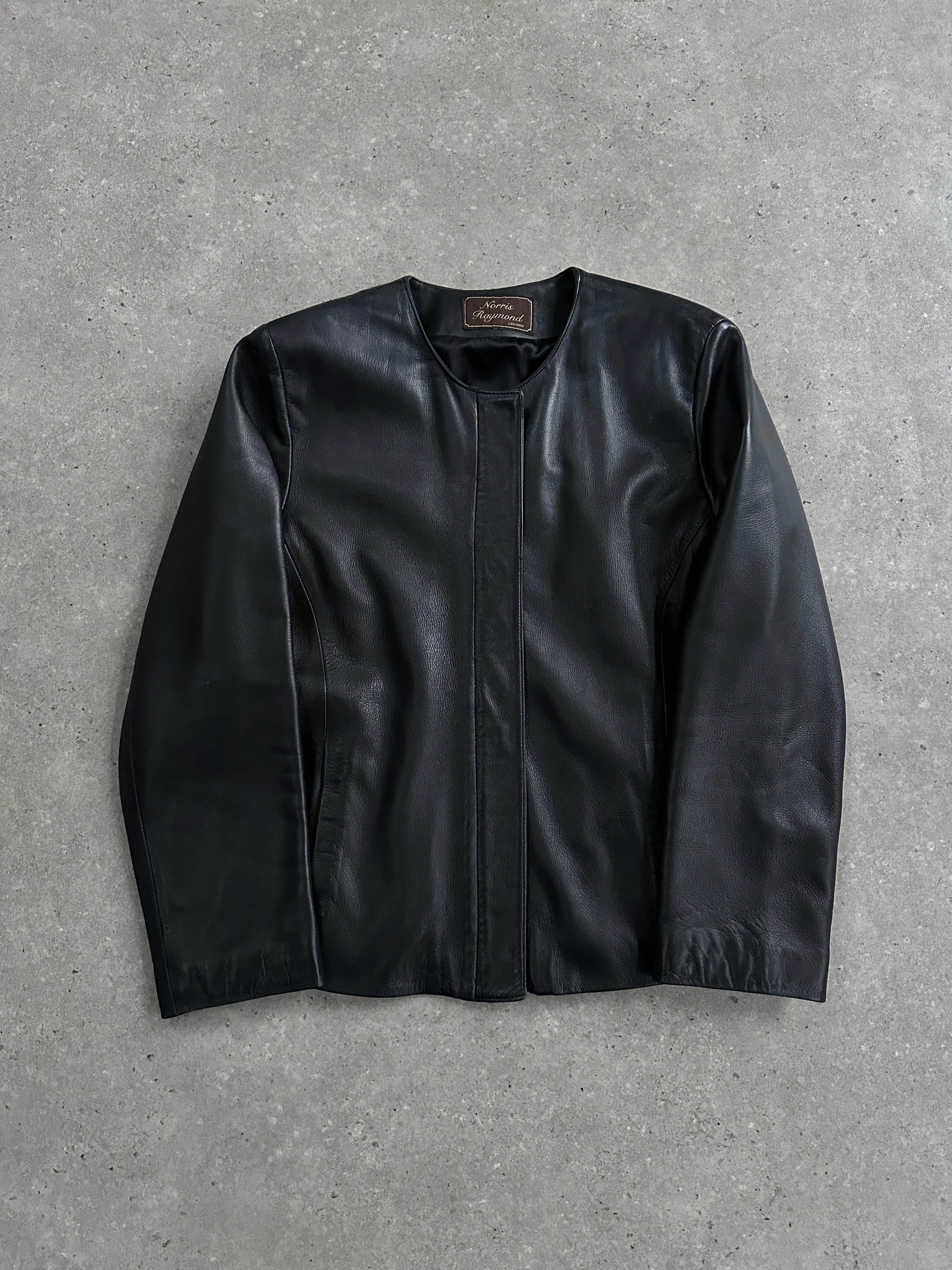 Vintage 1990s round neck leather jacket in minimal style, medium size, showcasing smooth black leather and classic design.