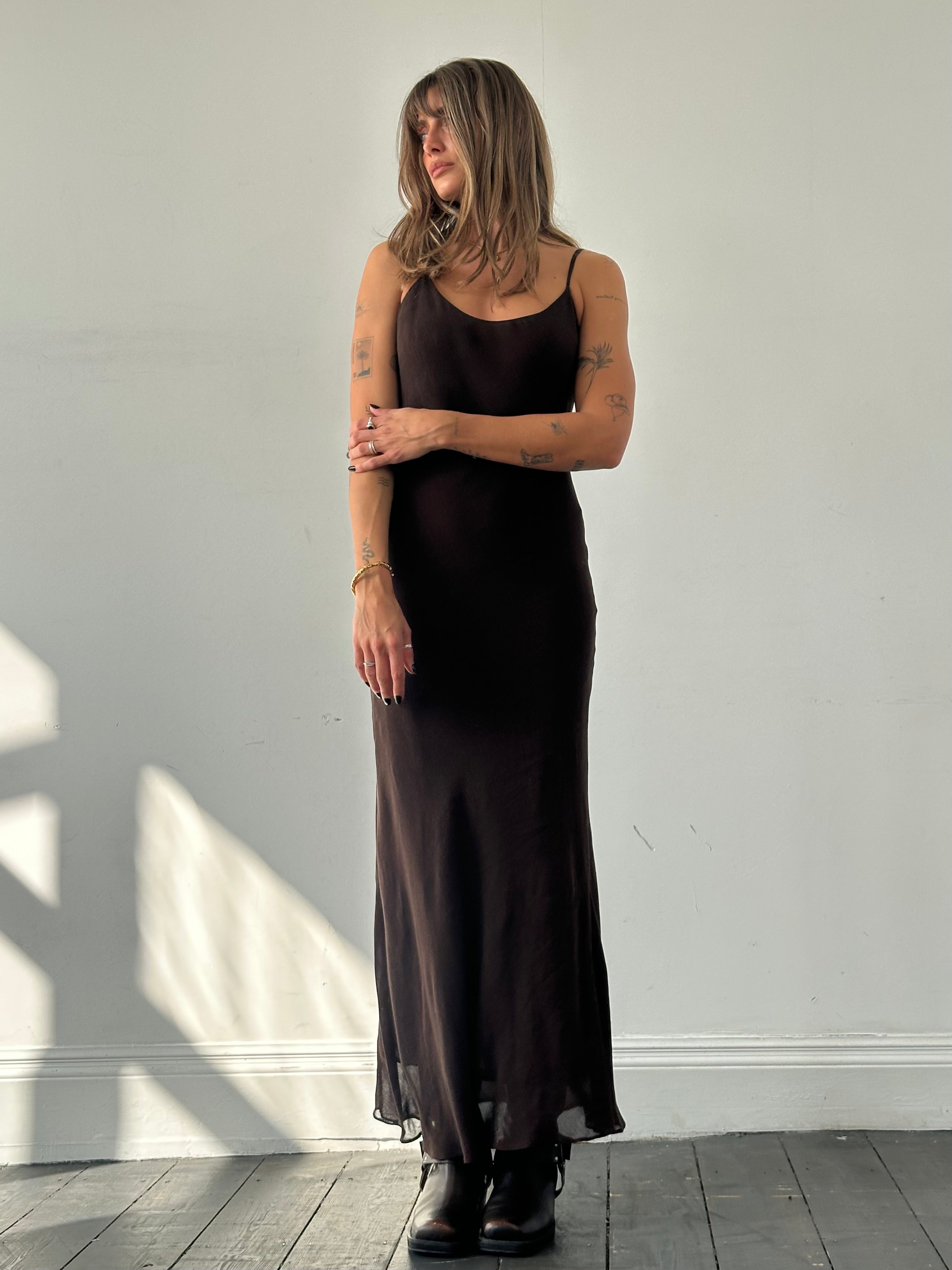 Jigsaw 1990s linen maxi slip dress in S/M, featuring a relaxed fit and vintage-inspired design, displayed on a hanger.