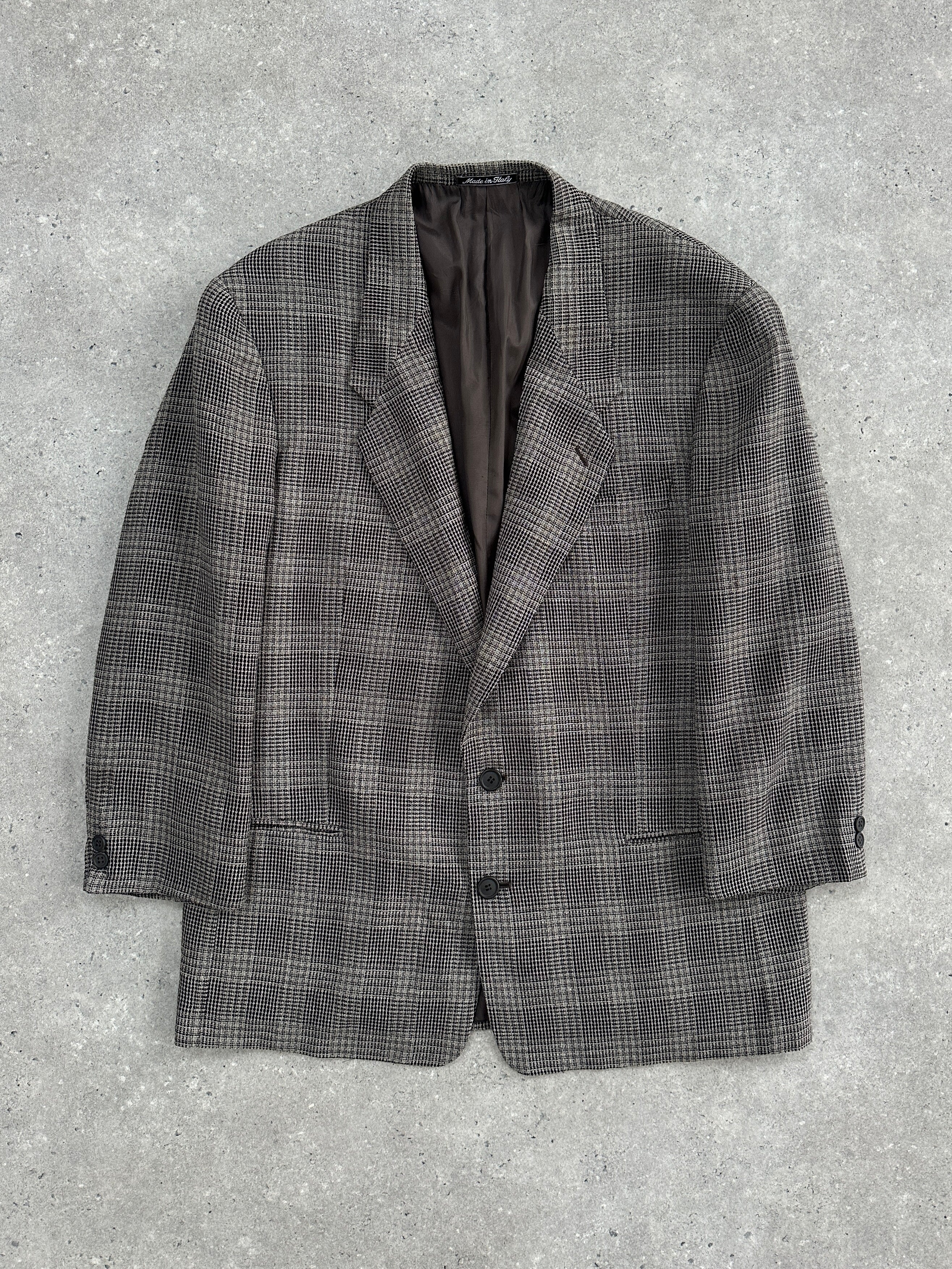 Giorgio Armani Le Collezioni 1980s check wool blazer in size 42R/XL, featuring a tailored fit and classic pattern.