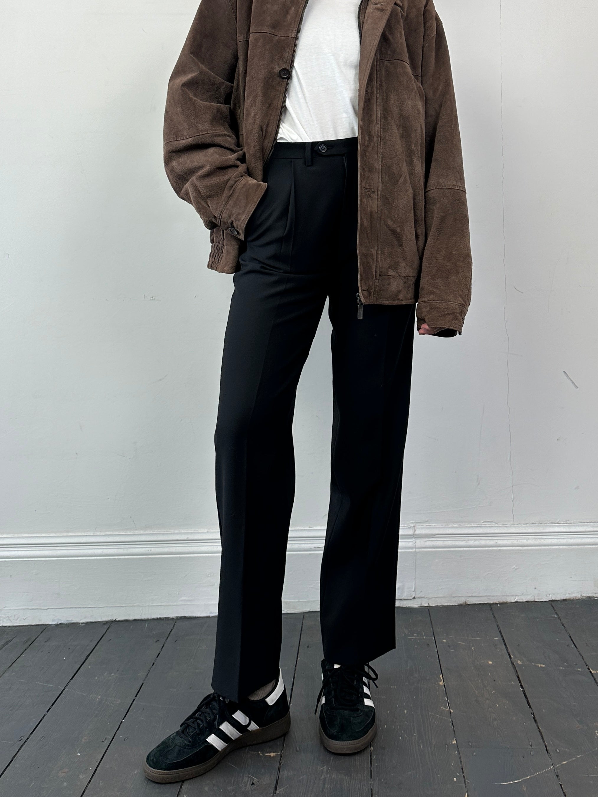 Vintage wool tuxedo trousers with straight leg fit, size W28, featuring classic tailored design and vintage style.