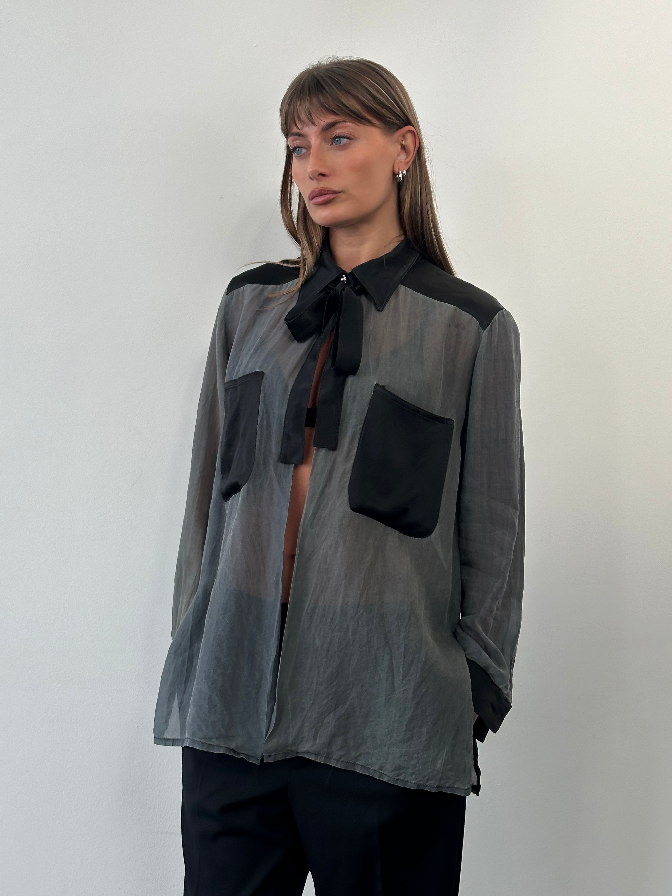 Vintage 1990s sheer satin tie neck shirt in size M, featuring a classic design with a silky finish and elegant collar.