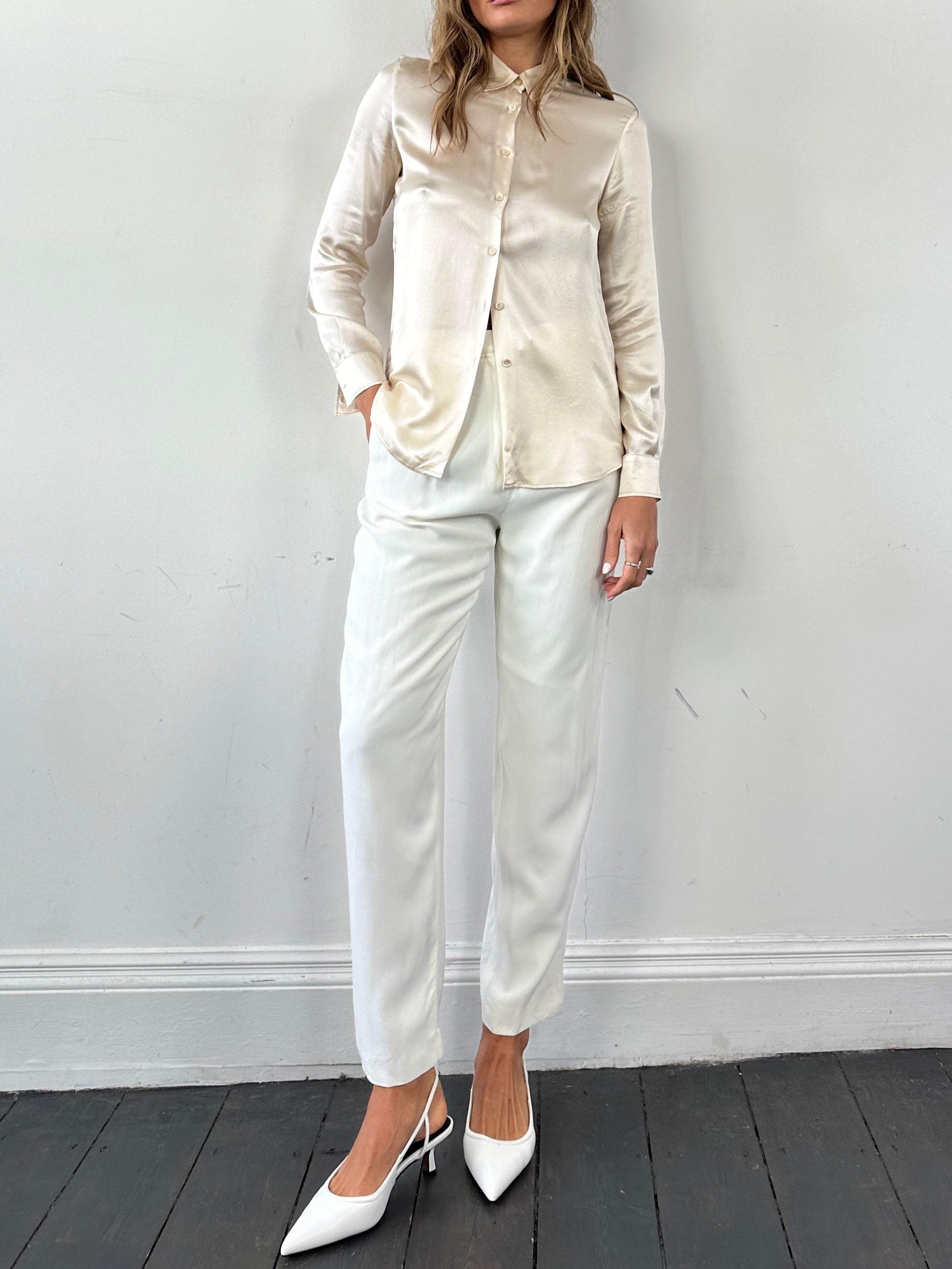 Marella satin fitted shirt in size S, featuring a sleek, smooth fabric with a classic collar and button front.
