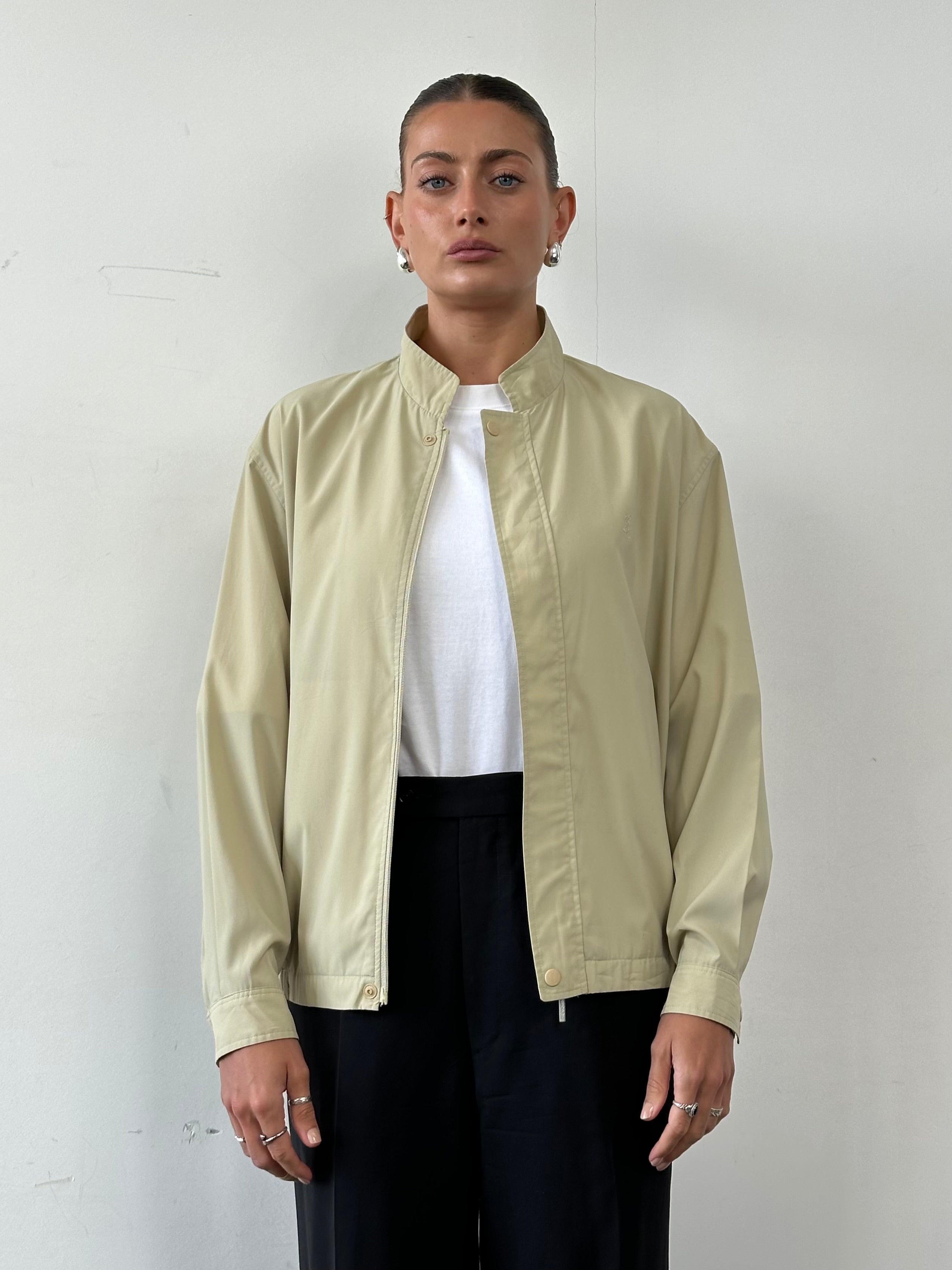 Yves Saint Laurent Pour Homme logo bomber jacket in black, front view showing the iconic YSL logo and sleek design.