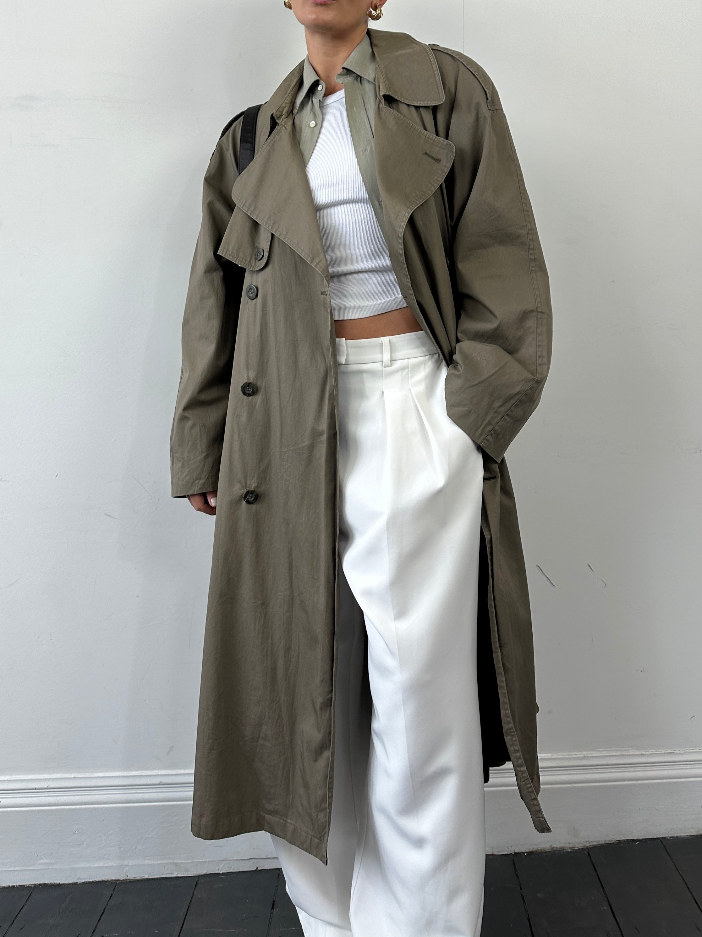 Yves Saint Laurent Pour Homme XXL cotton double-breasted belted trench coat, stylish and classic outerwear with a tailored fit.