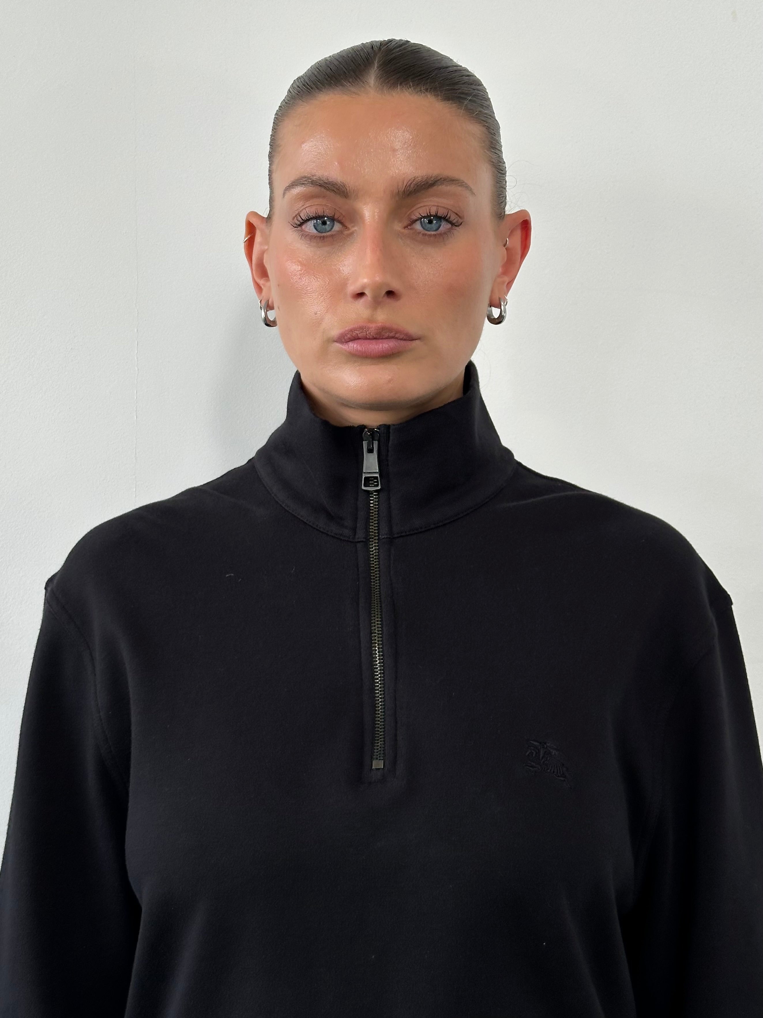 Burberry Brit Pure Cotton Logo Quarter Zip Jumper in size L, featuring a classic design and the brand's logo on the chest.