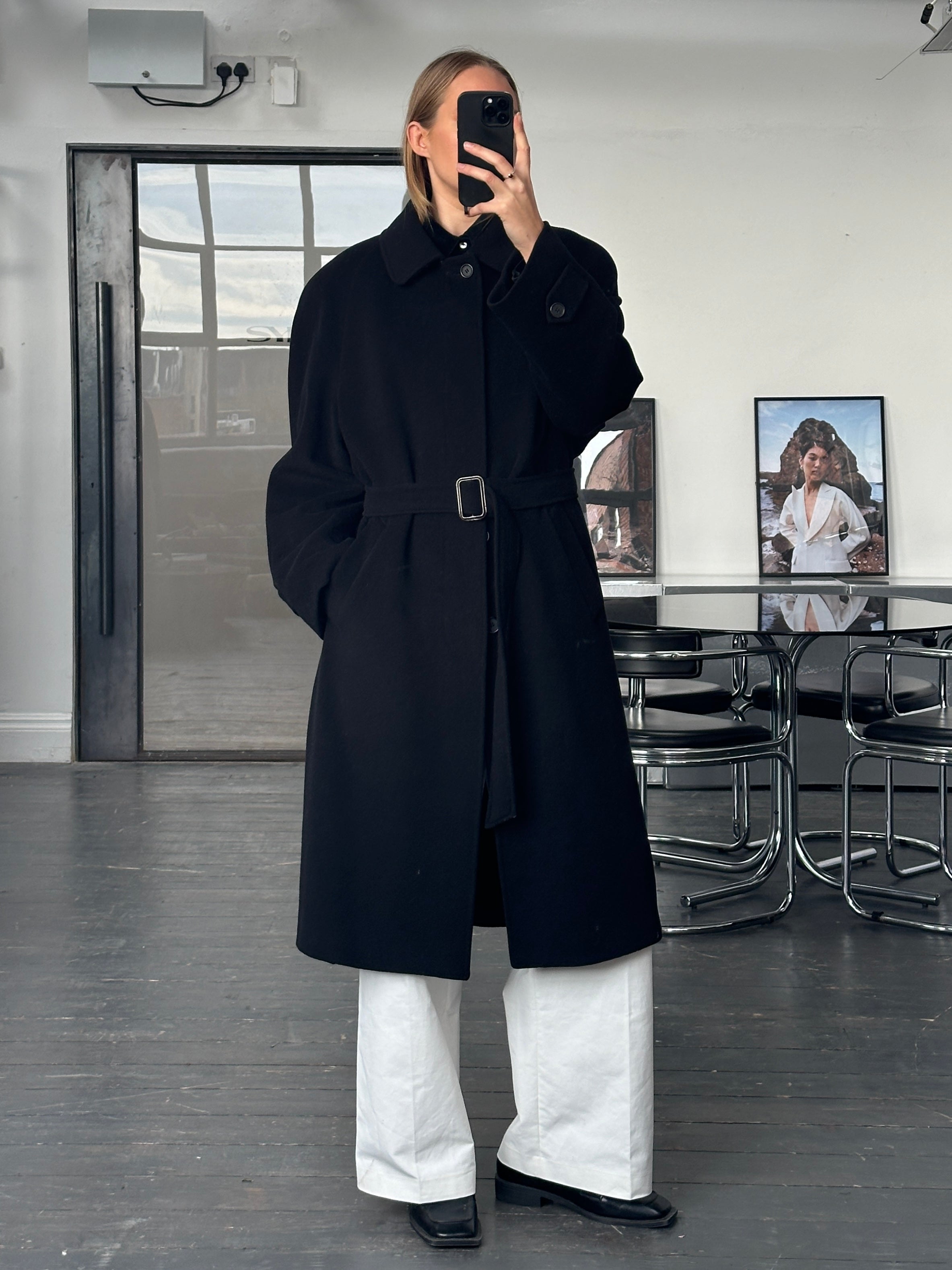 Italian vintage 1990s wool cashmere belted coat in XL, featuring classic design and textured fabric, displayed on a hanger.