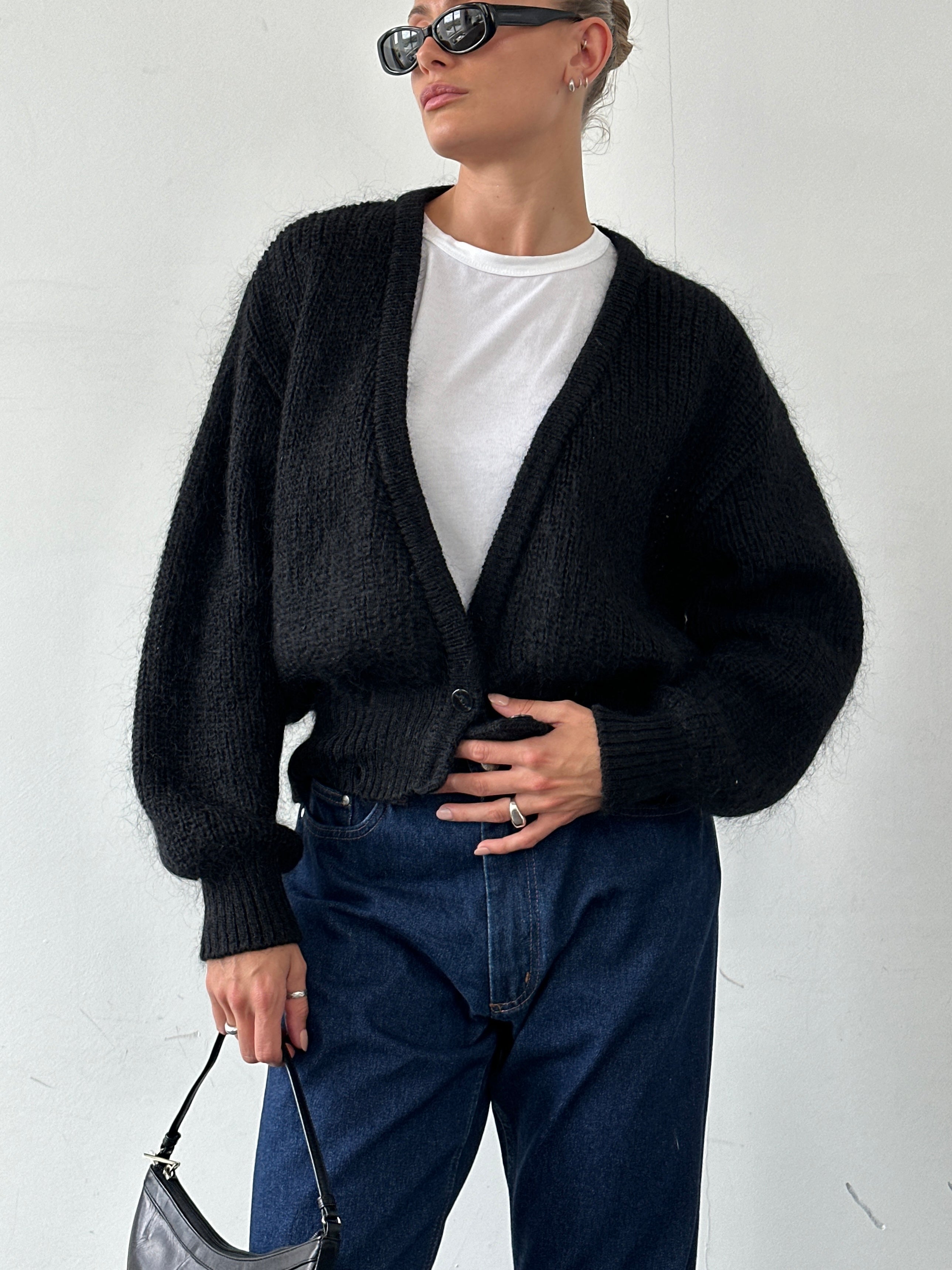 St Michael British 90s mohair double-breasted cardigan in size M/L, featuring a classic design and textured knit fabric.