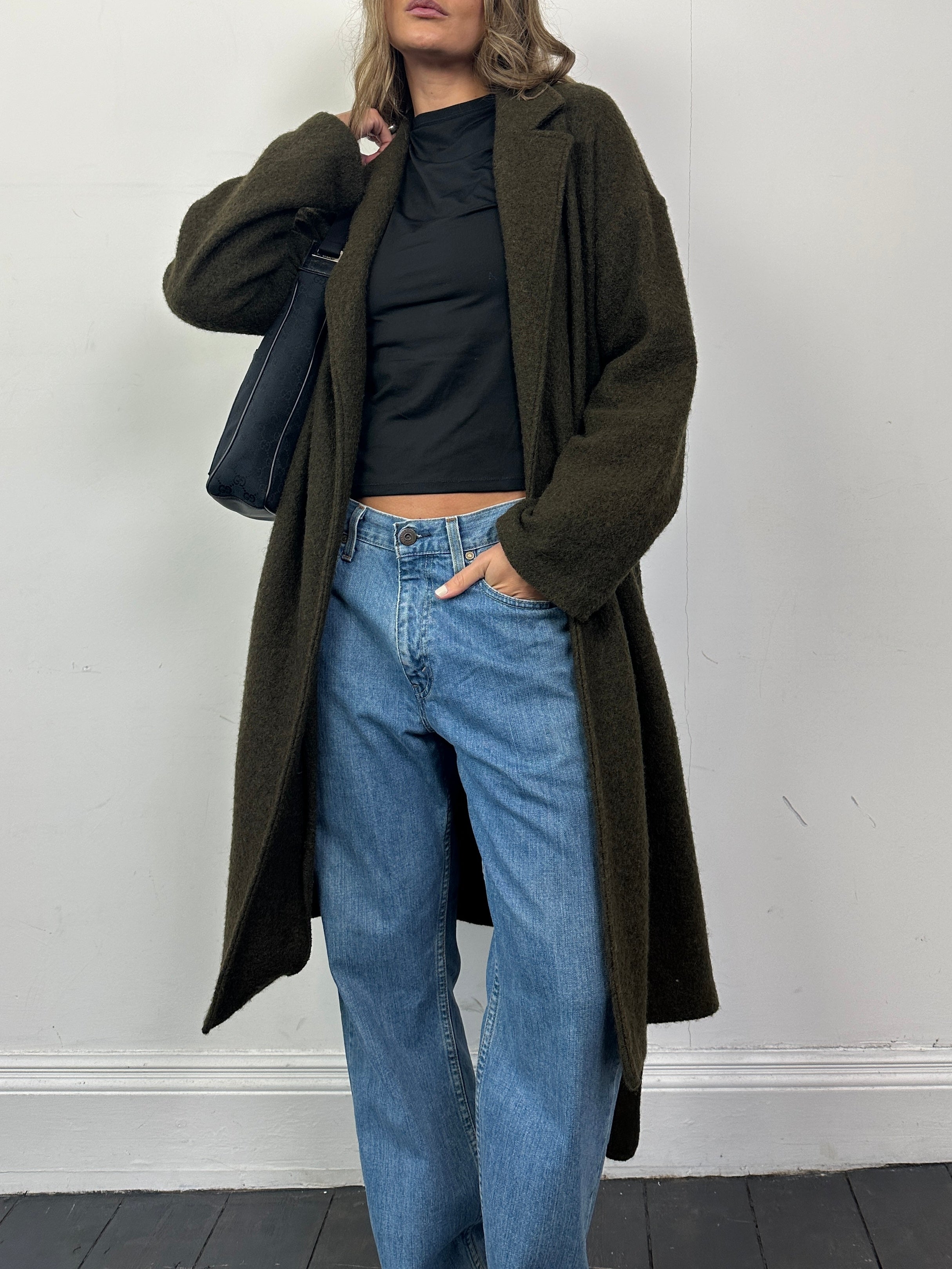 Nicole Farhi pure wool unlined belted wrap coat in size L displayed on model, showcasing classic style and tailored fit.