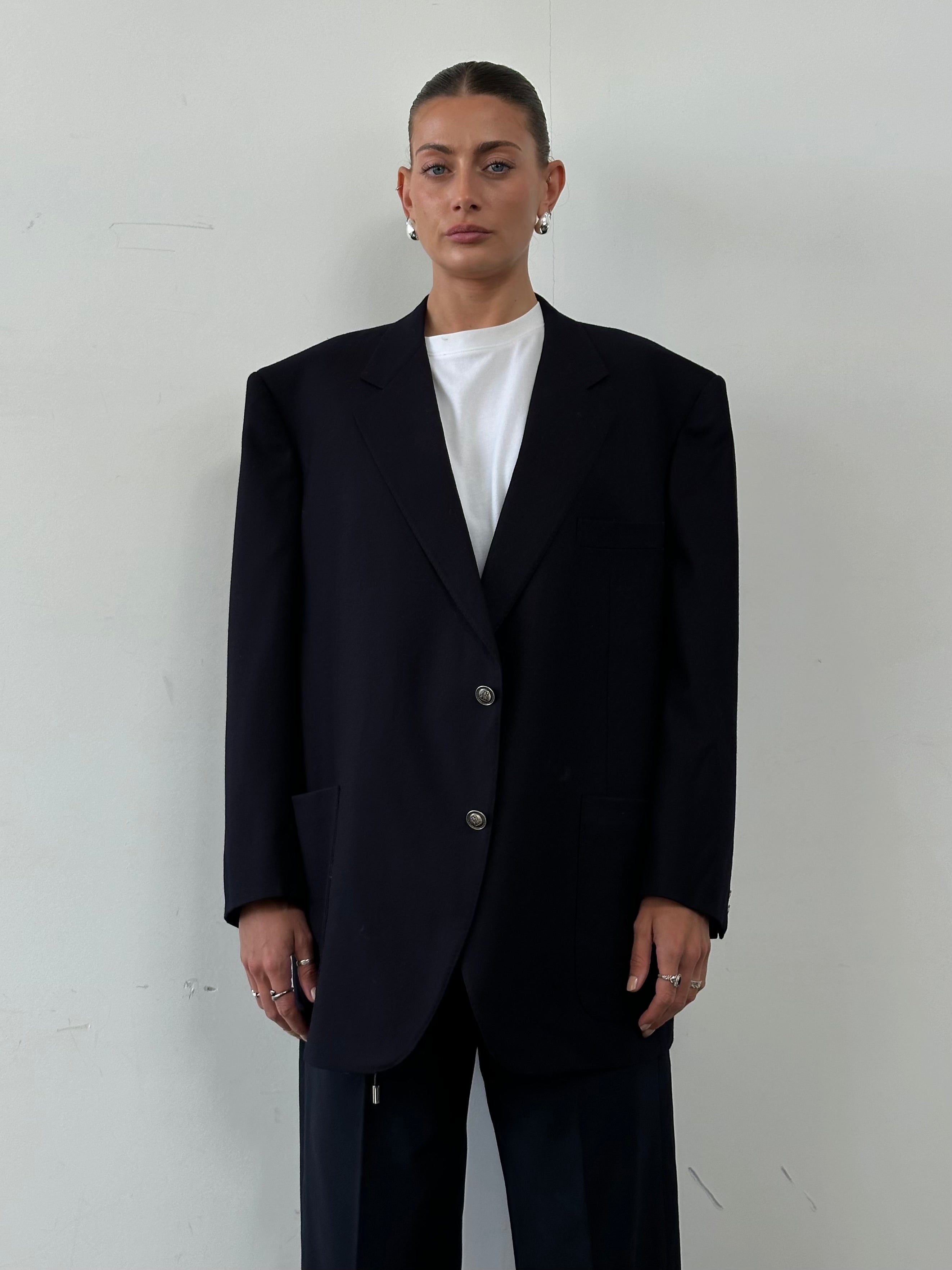 Christian Dior pure brushed wool blazer in XXL with bespoke hardware, tailored fit, and classic design, front view showing lapel and buttons.
