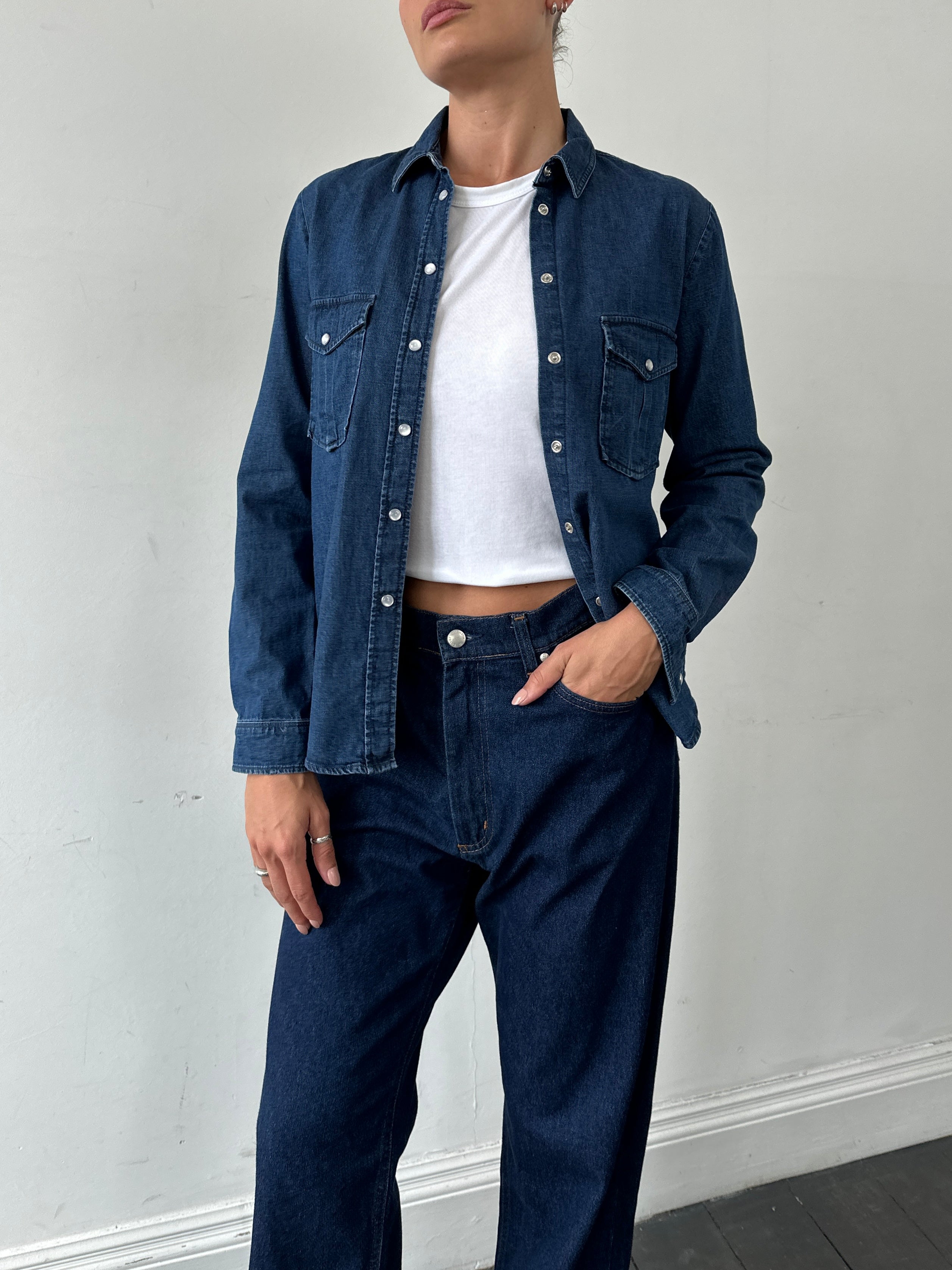MAX & Co pure cotton denim shirt in S/M size, shown in a casual fit with button front and classic denim texture.