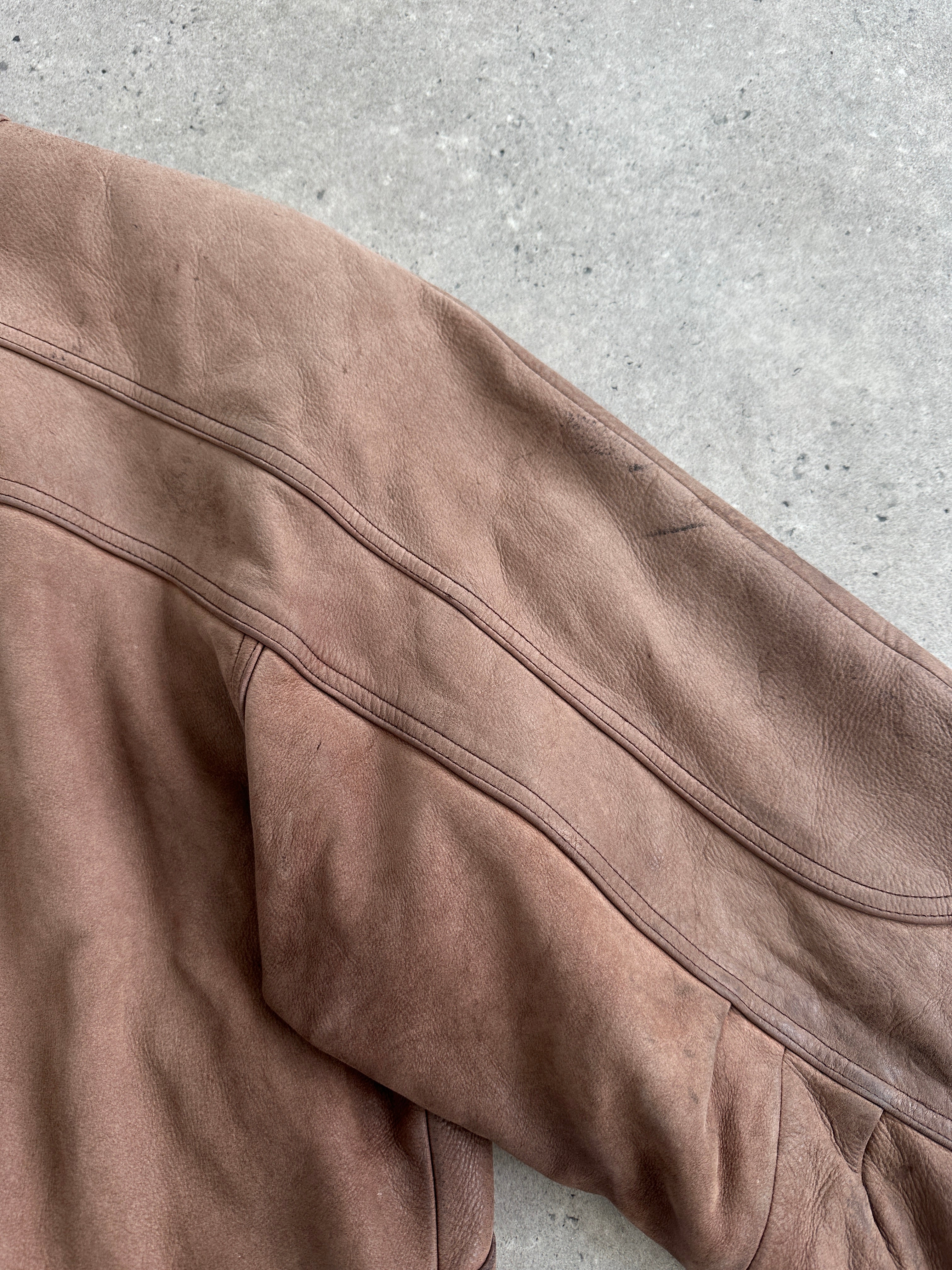 Vintage 1990s high neck aged leather bomber jacket, size large, featuring classic style and distressed leather finish.