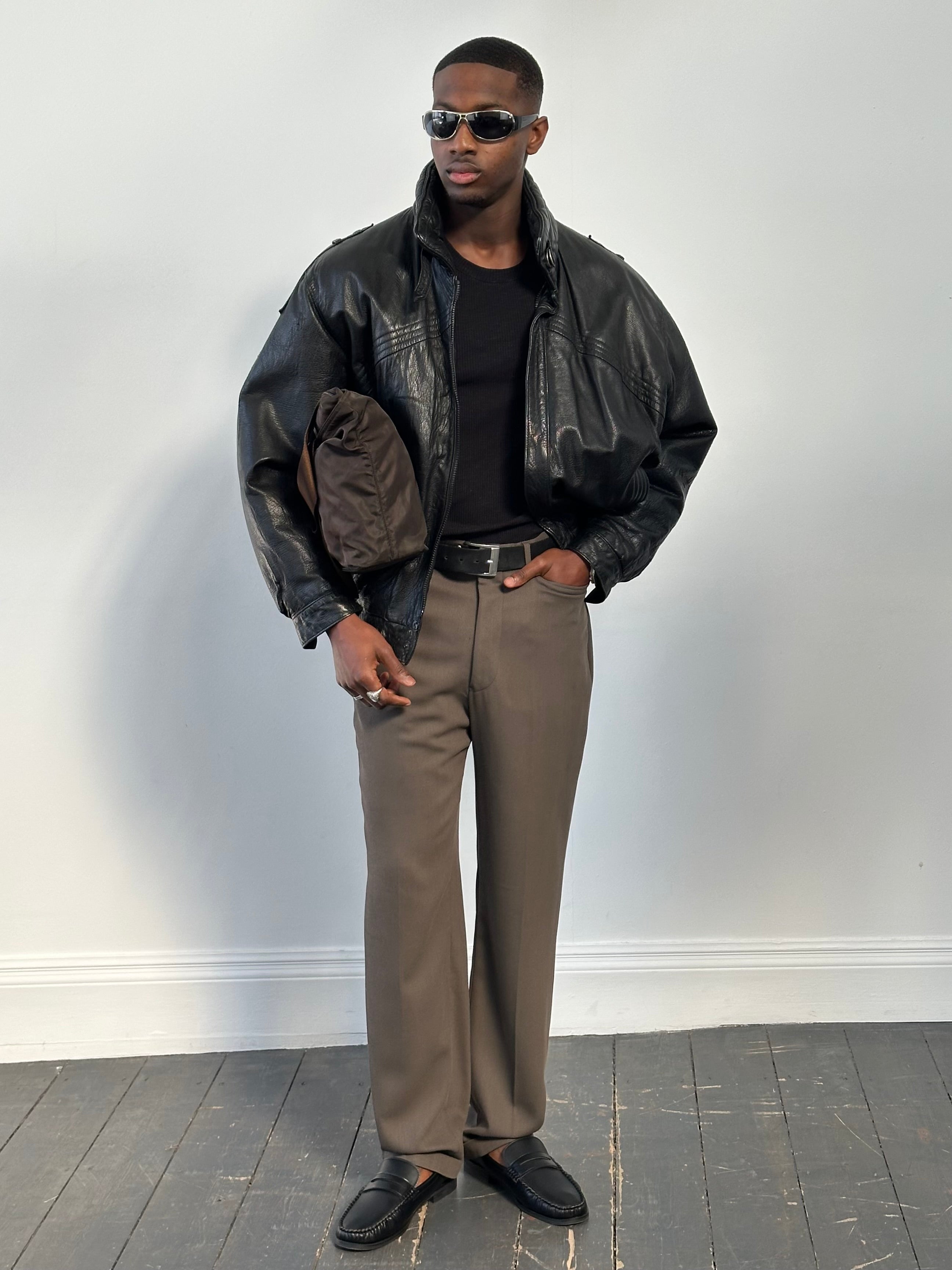 St Michael 1980s High Neck Leather Bomber Jacket - XL