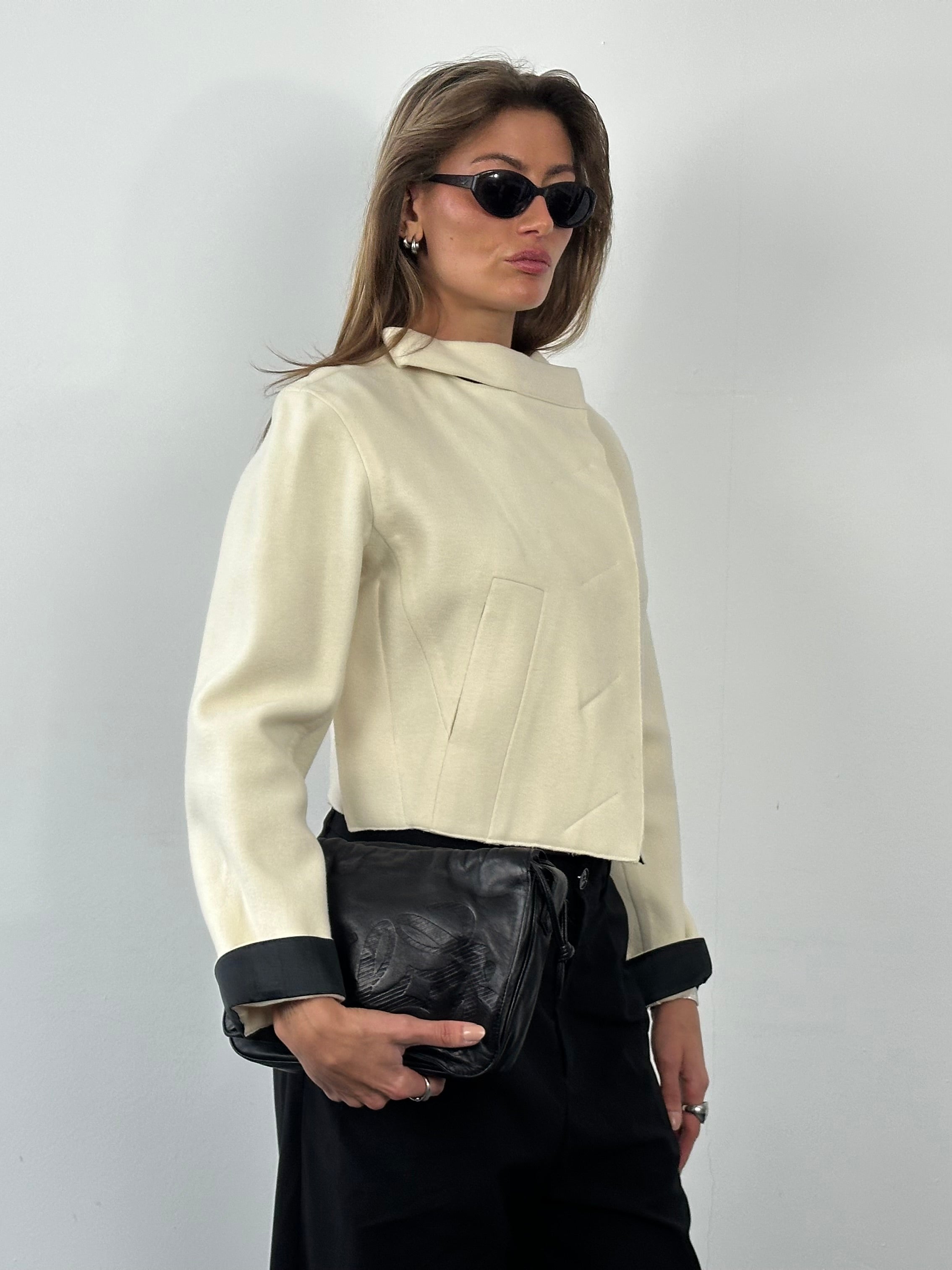 Donna Karan 2000s pure wool cropped jacket, front view showing tailored fit and classic design, size M.