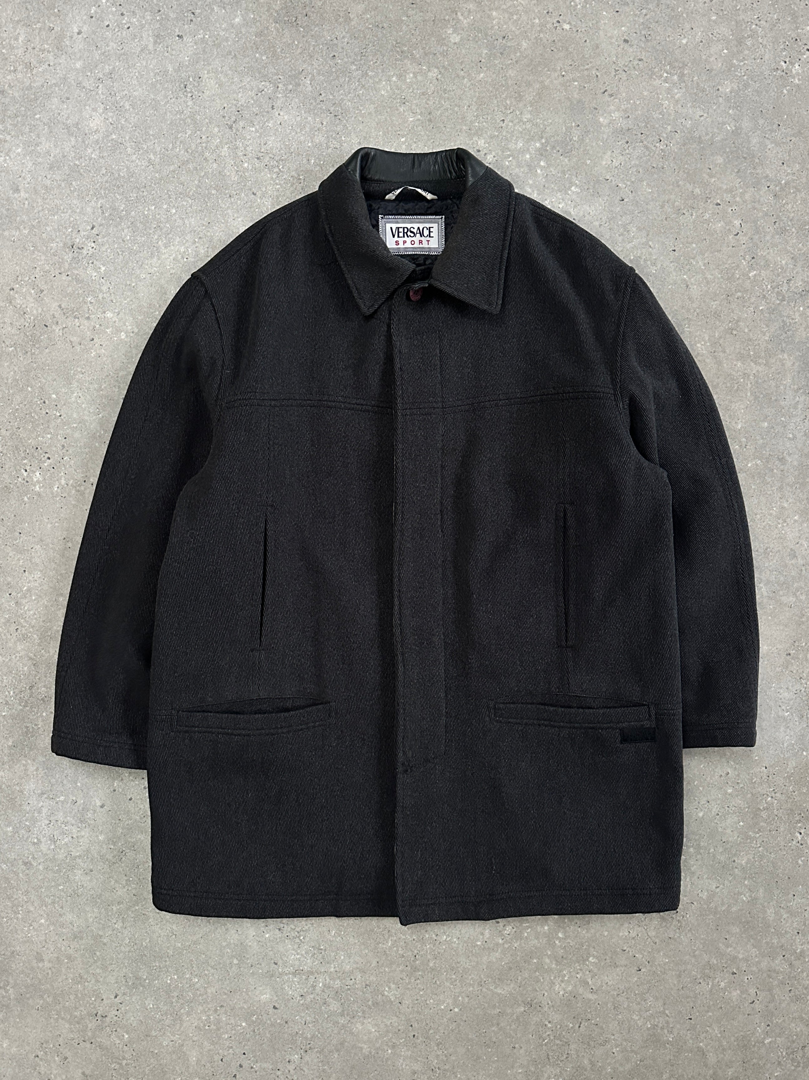 Versace Sport 1990s wool twill coat with concealed placket in XXL/XXXL size, featuring classic design and tailored fit.