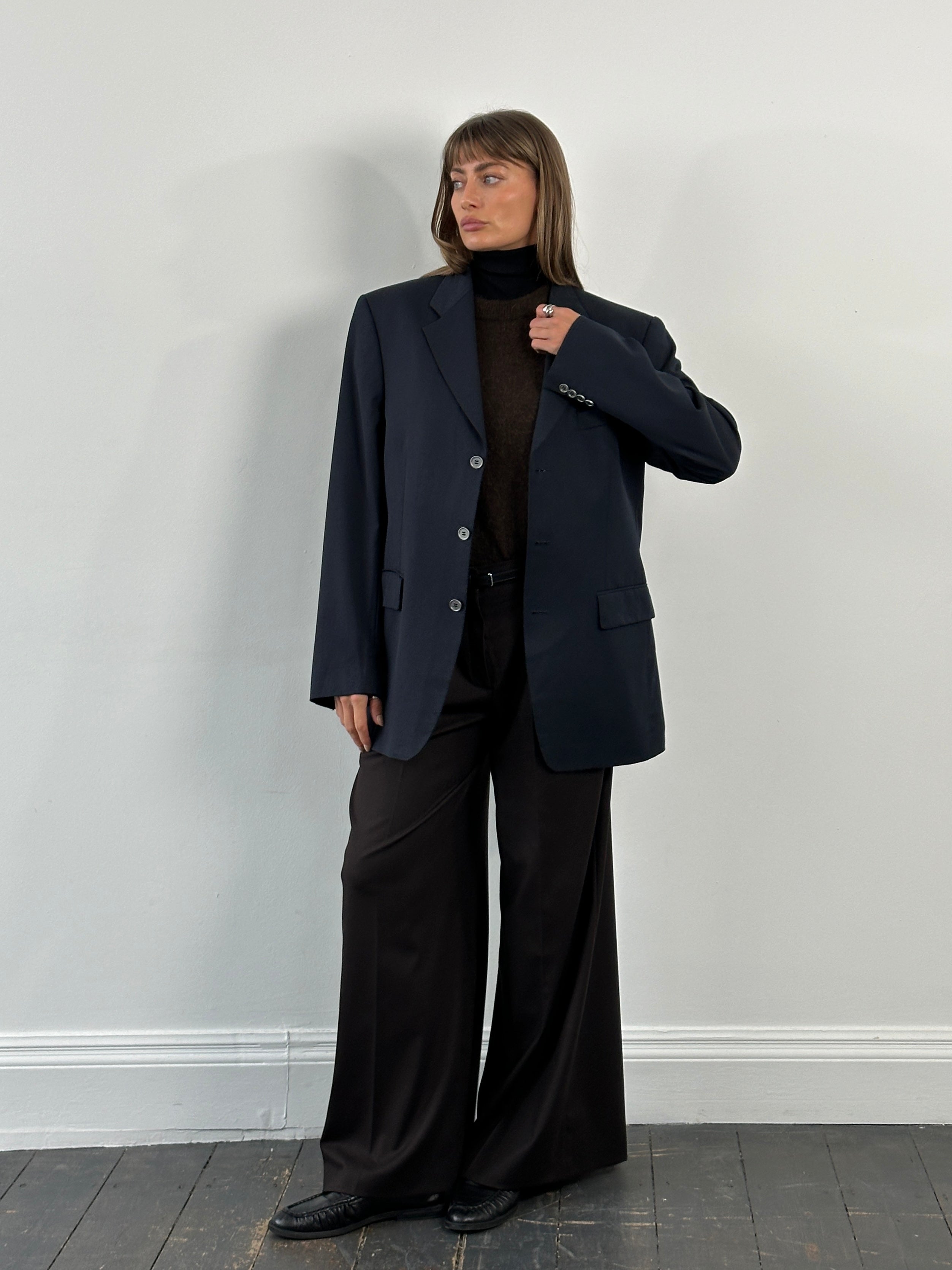 Yves Saint Laurent Pour Homme 1990s pure wool bespoke button blazer, size 42R/XL, in classic tailored style with notch lapels.