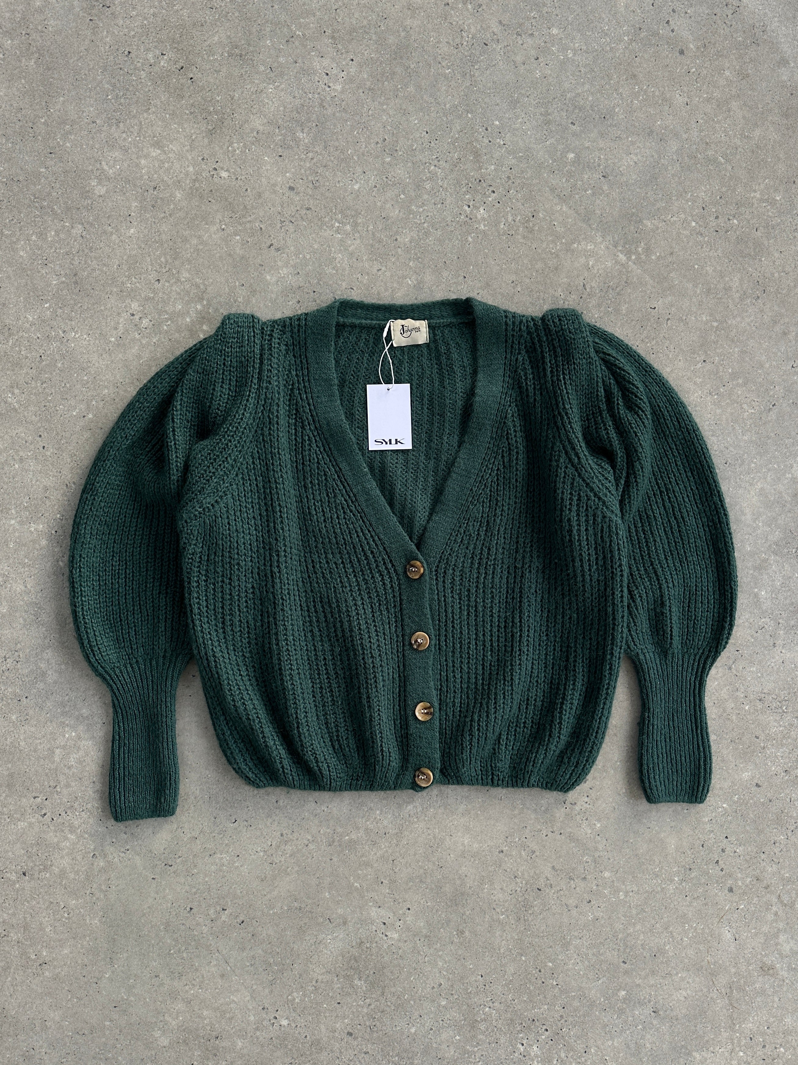 Vintage Italian mohair cardigan with ruched detailing in size M, featuring soft, cozy knit fabric and classic design.