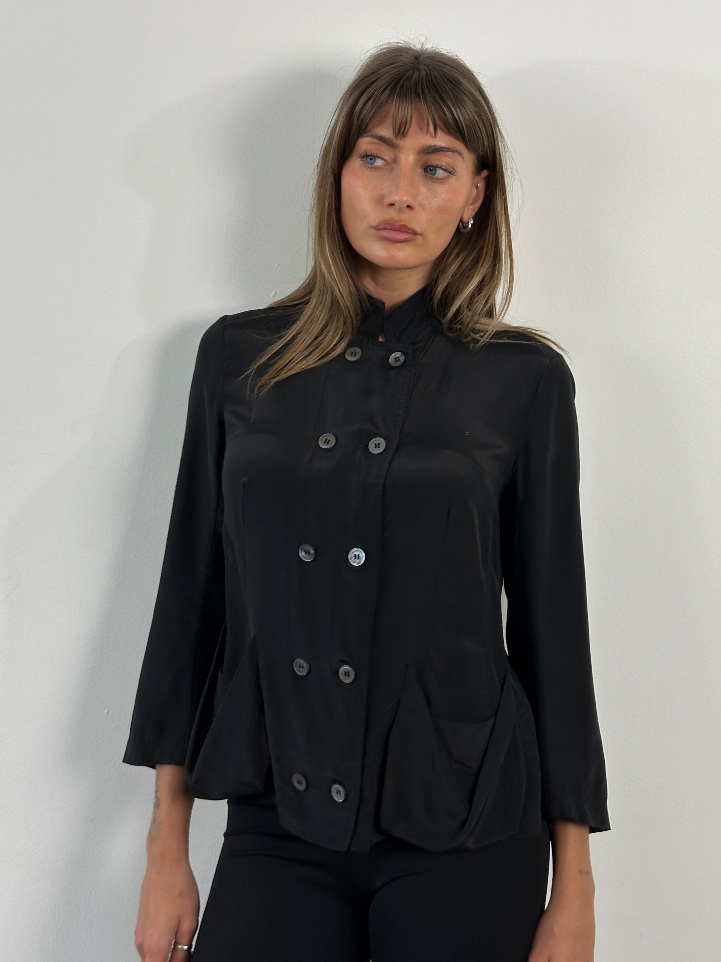 Nicole Farhi 2000s pure silk double-breasted shirt, S/M, with classic collar and button front, shown in natural fabric detail.