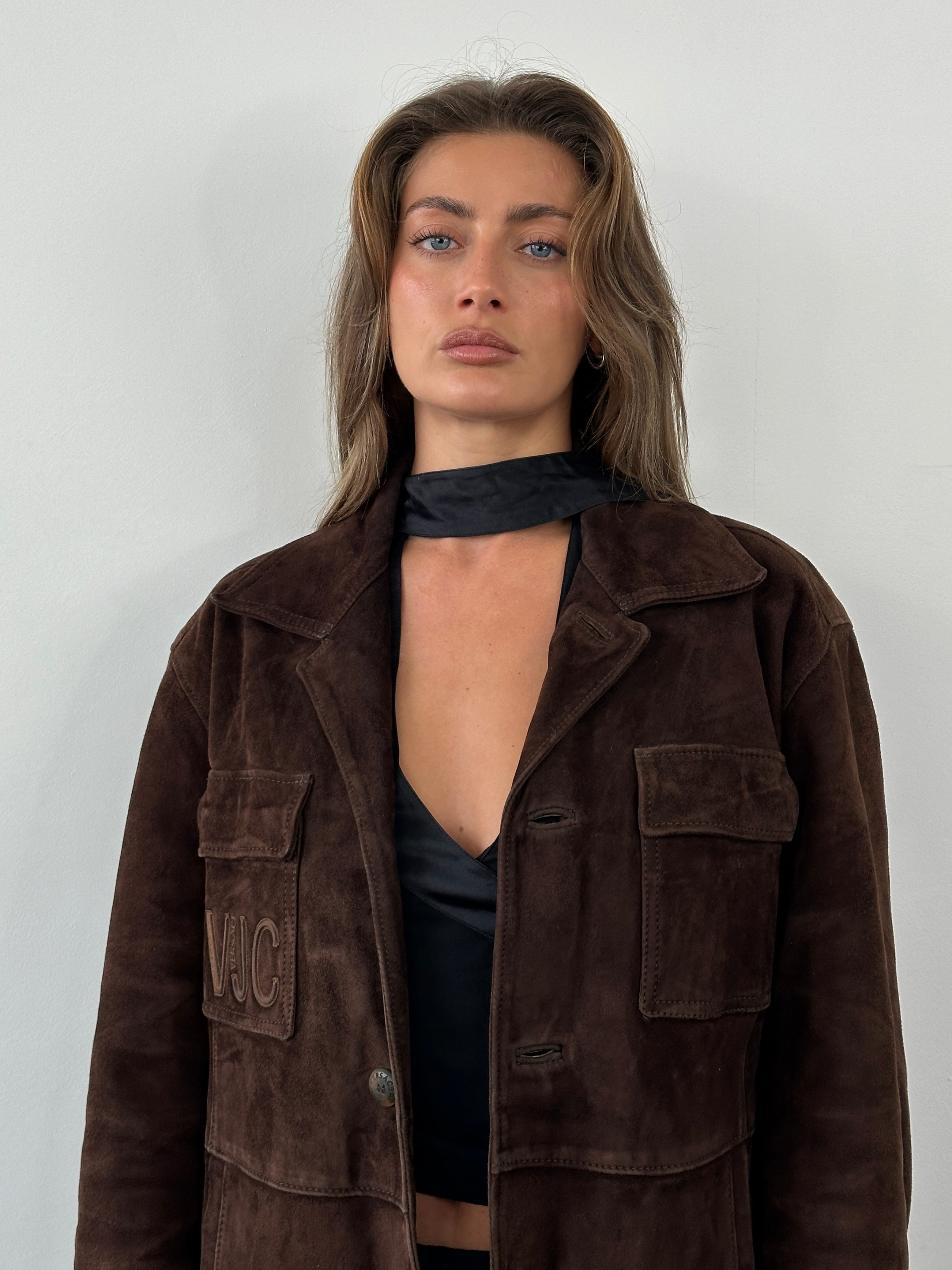 Versace Jeans Couture 1990s suede logo jacket in size L, featuring classic design and distinctive branding details.