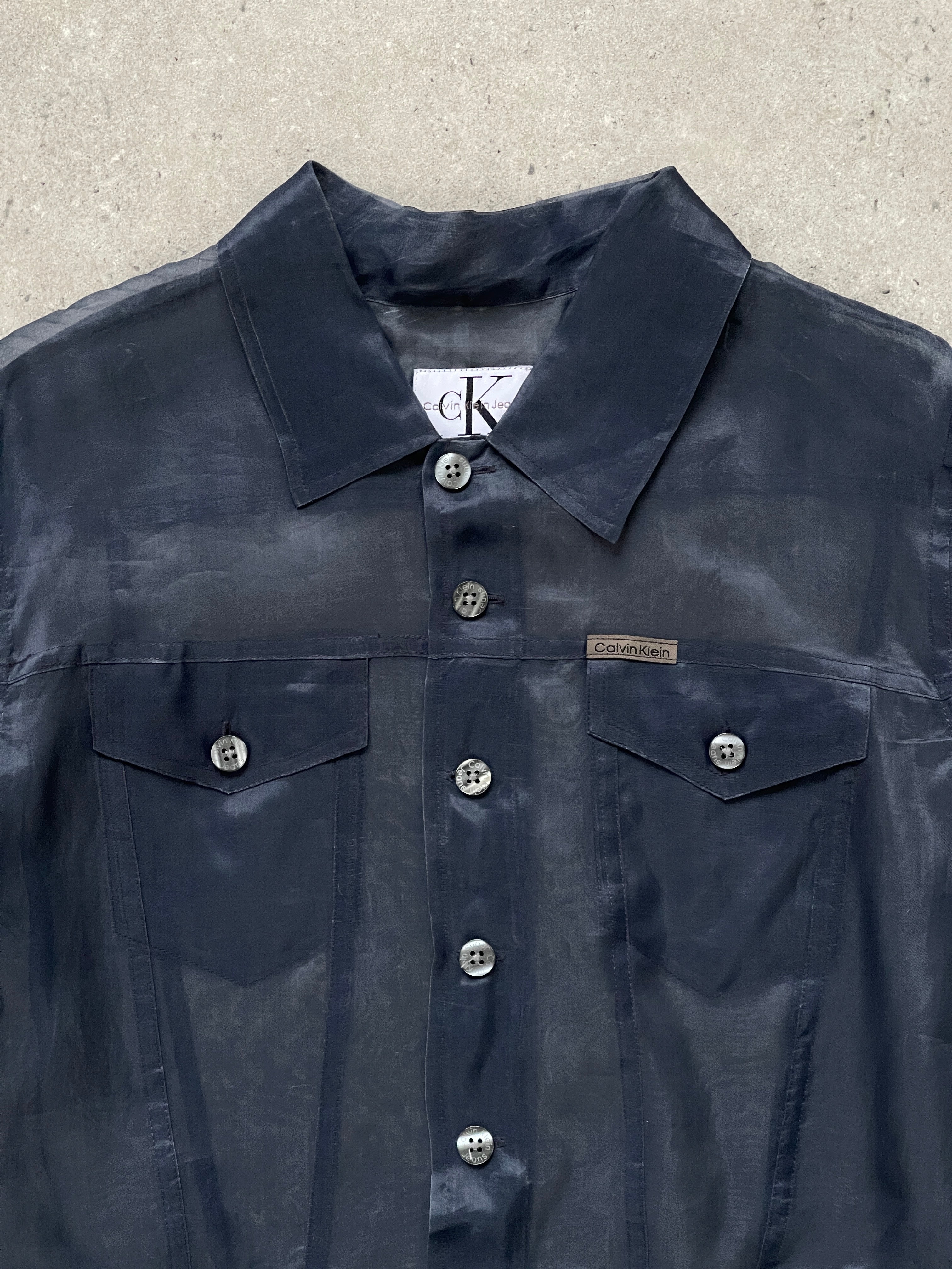 Vintage Calvin Klein Jeans 2000s pure silk sheer jacket in size M, lightweight and transparent with a sleek, stylish design.